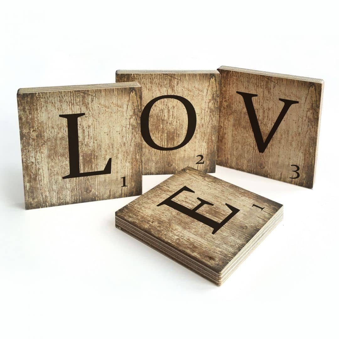 Deko-Buchstaben Vintage Scrabble Schild Holzbuchstabe 10cm LOVE Schriftzug