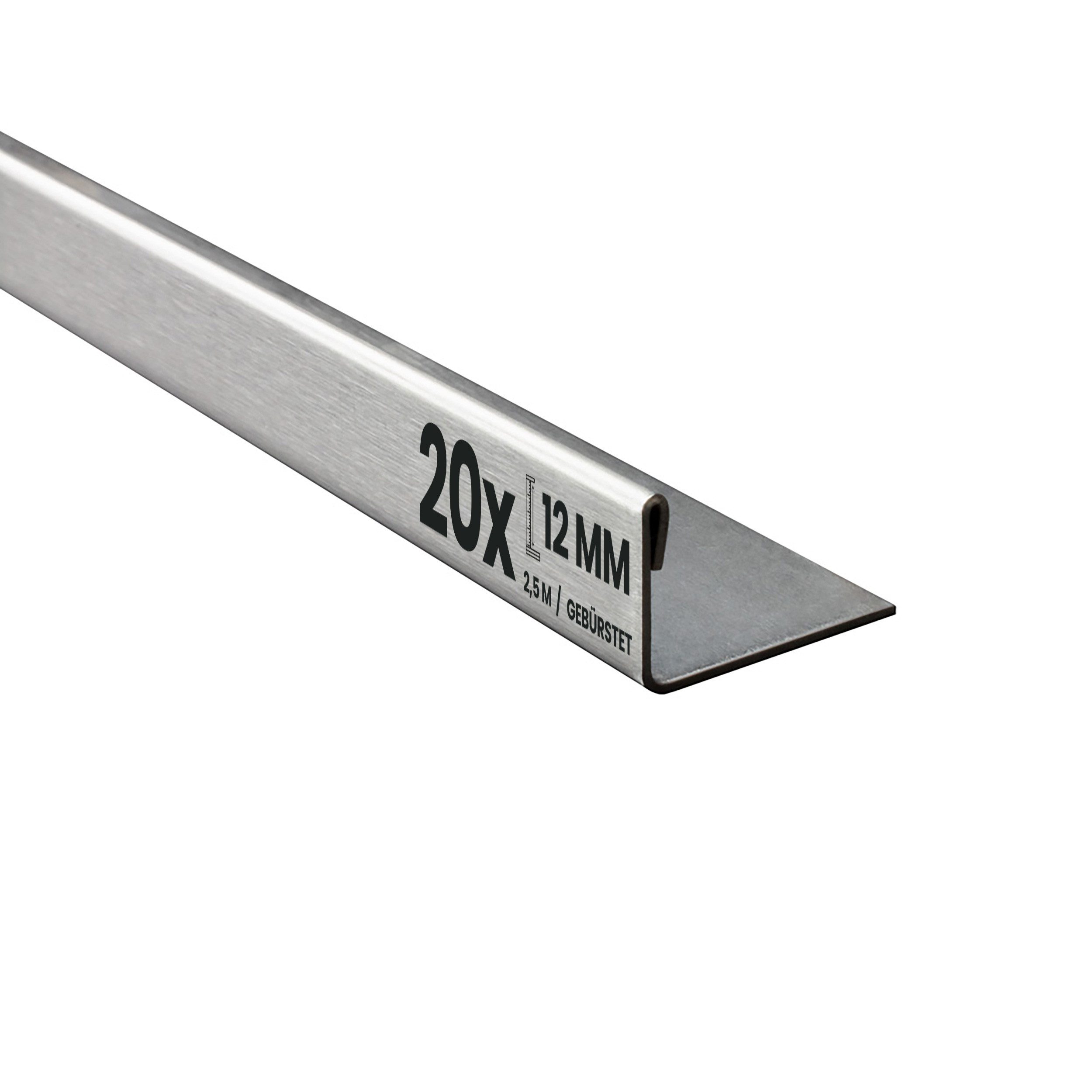 Abschlussprofil 20x L-Profil Fliesenprofil, Edelstahl, 250 cm, 12 mm, Gebürstet