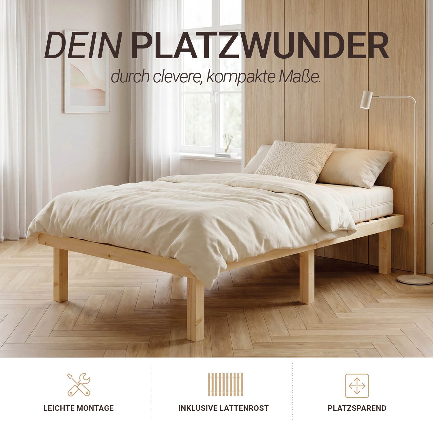 Homestyle4u Palettenbett 90x200 Holzbett Einzelbett Natur Boden Holz ohne Kopfteil Futonbett (Set, mit Lattenrost)