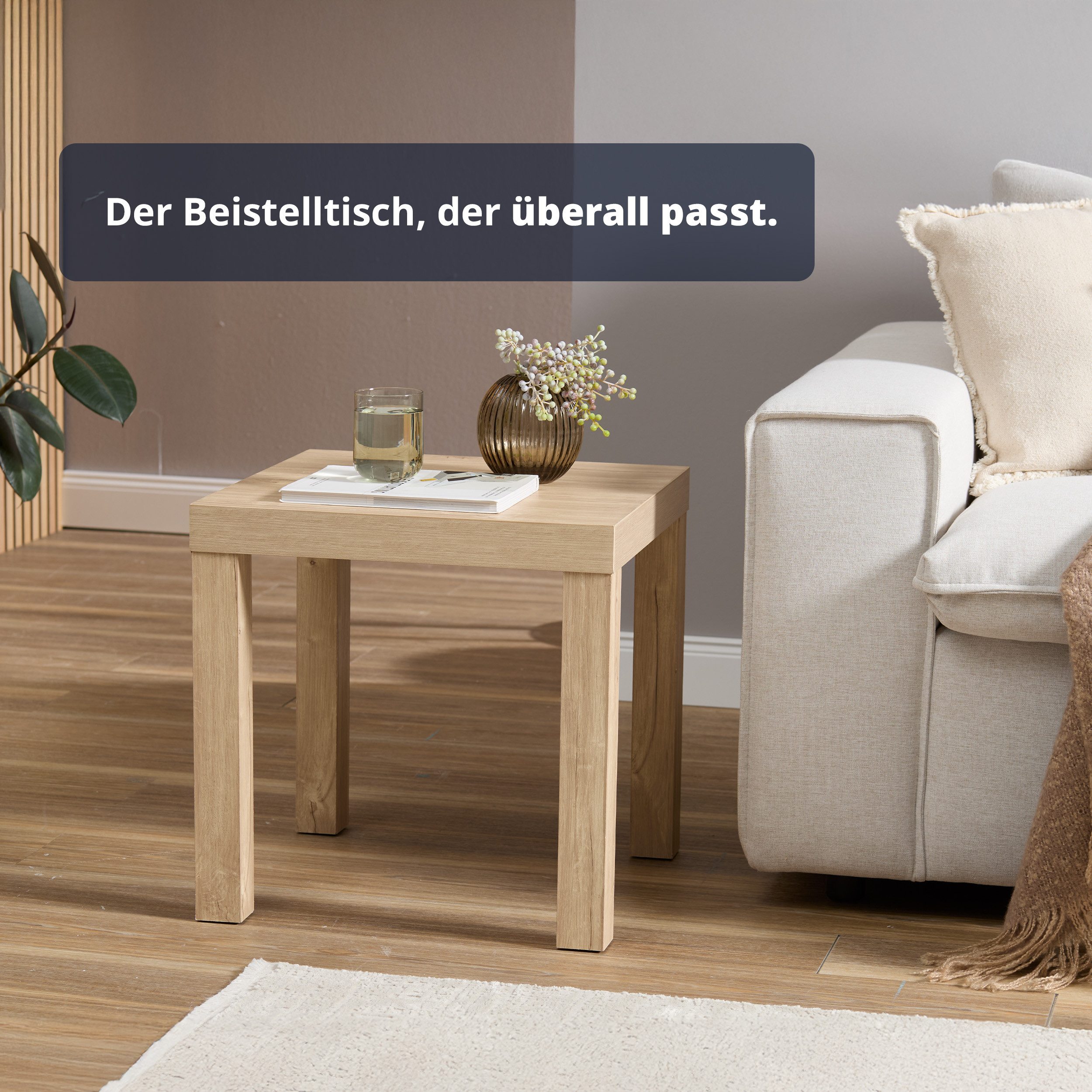KHG Beistelltisch kleiner Couchtisch quadratisch, Nachttisch Natur Asteiche Holzoptik (Holzwerkstoff foliert, 5 kg belastbar, 45x45x45 cm, pflegeleicht, ideal für Wohn- und Schlafzimmer), Pflegeleicht, Quadratisch