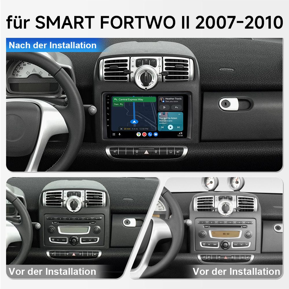 A-Sure Android 15 Apple Carplay 4/8 Core Navi Für Smart Fortwo 451 2005-2015 Autoradio (Digitalradio (DAB), FM, AM)