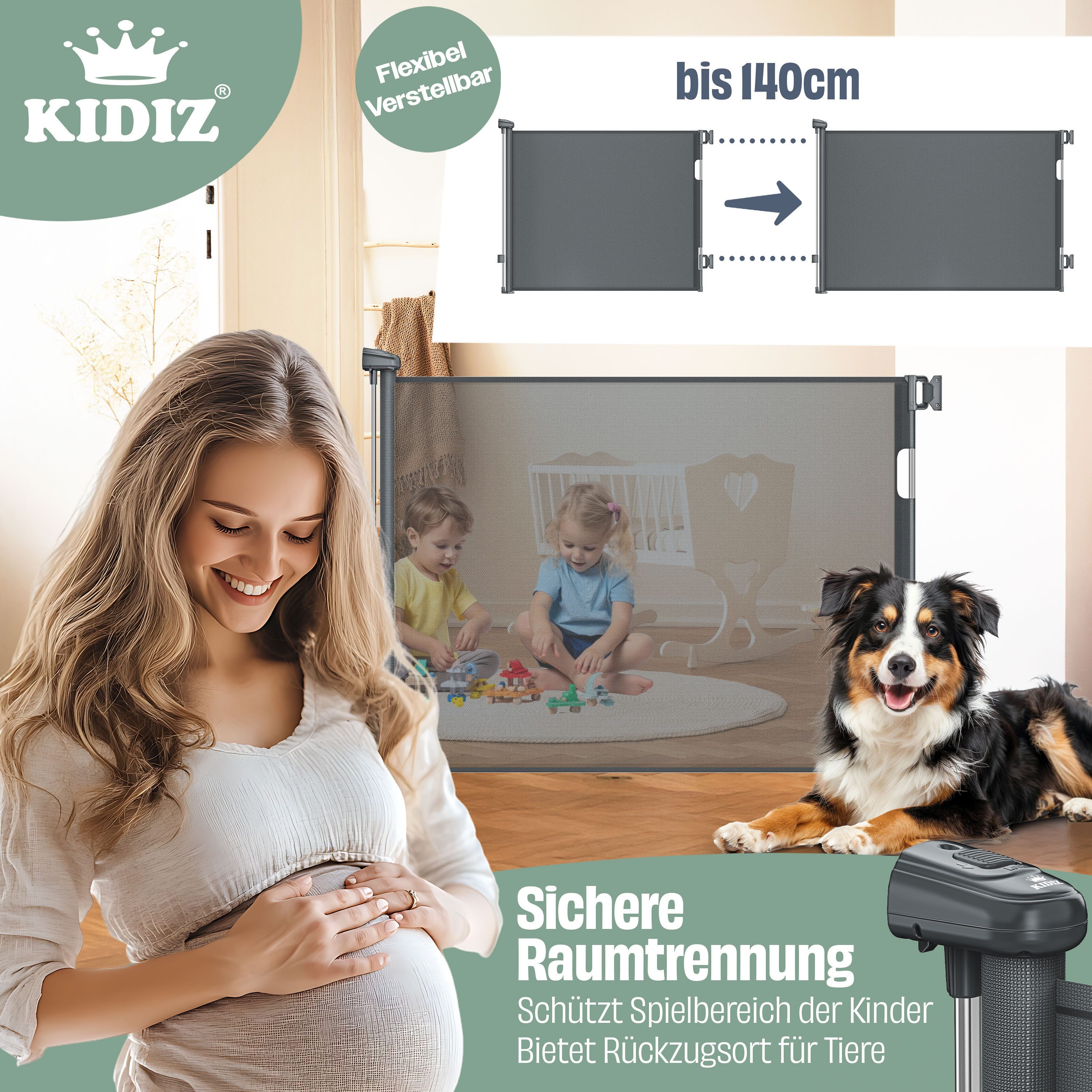 KIDIZ Türschutzgitter Treppenschutzgitter ausziehbar bis 140cm für Kinder, Babys & Haustiere (Schutzgitter für Treppen & Türen inkl. Bodenanker & Montagezubehör – Bild 5 von 5