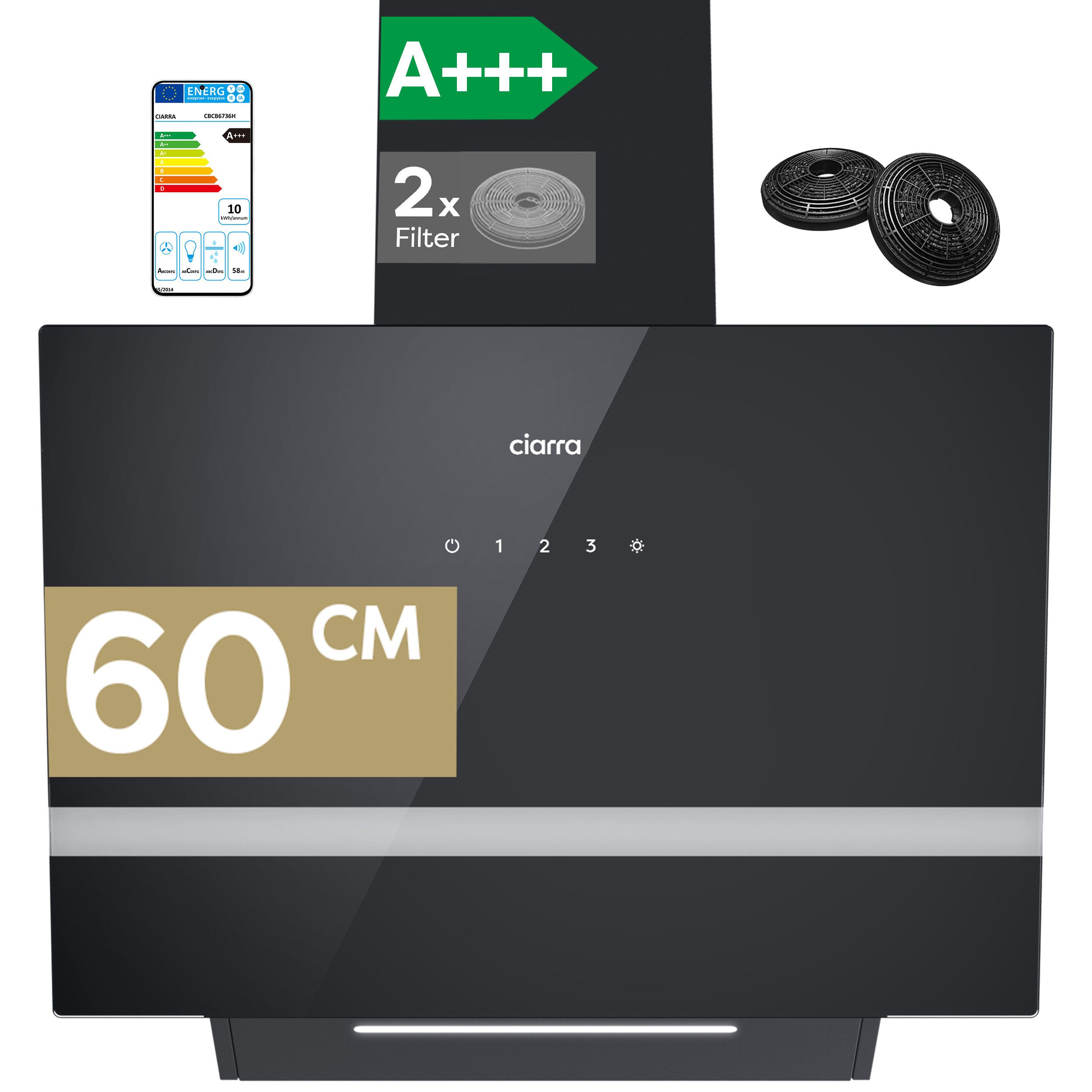 CIARRA Kopffreihaube 60 cm Dunstabzugshaube A+++ 650 m³/h starke Saugleistung LED VM6736HB Serie 4 Stufen Inkl. BOOST 60 cm Dunstabzugshaube A+++ 650 m³/h starke Saugleistung LED VM6736HB, Leise Schräghaube WIFI-APP Touch Control Umluft & Abluft 4 Stufen