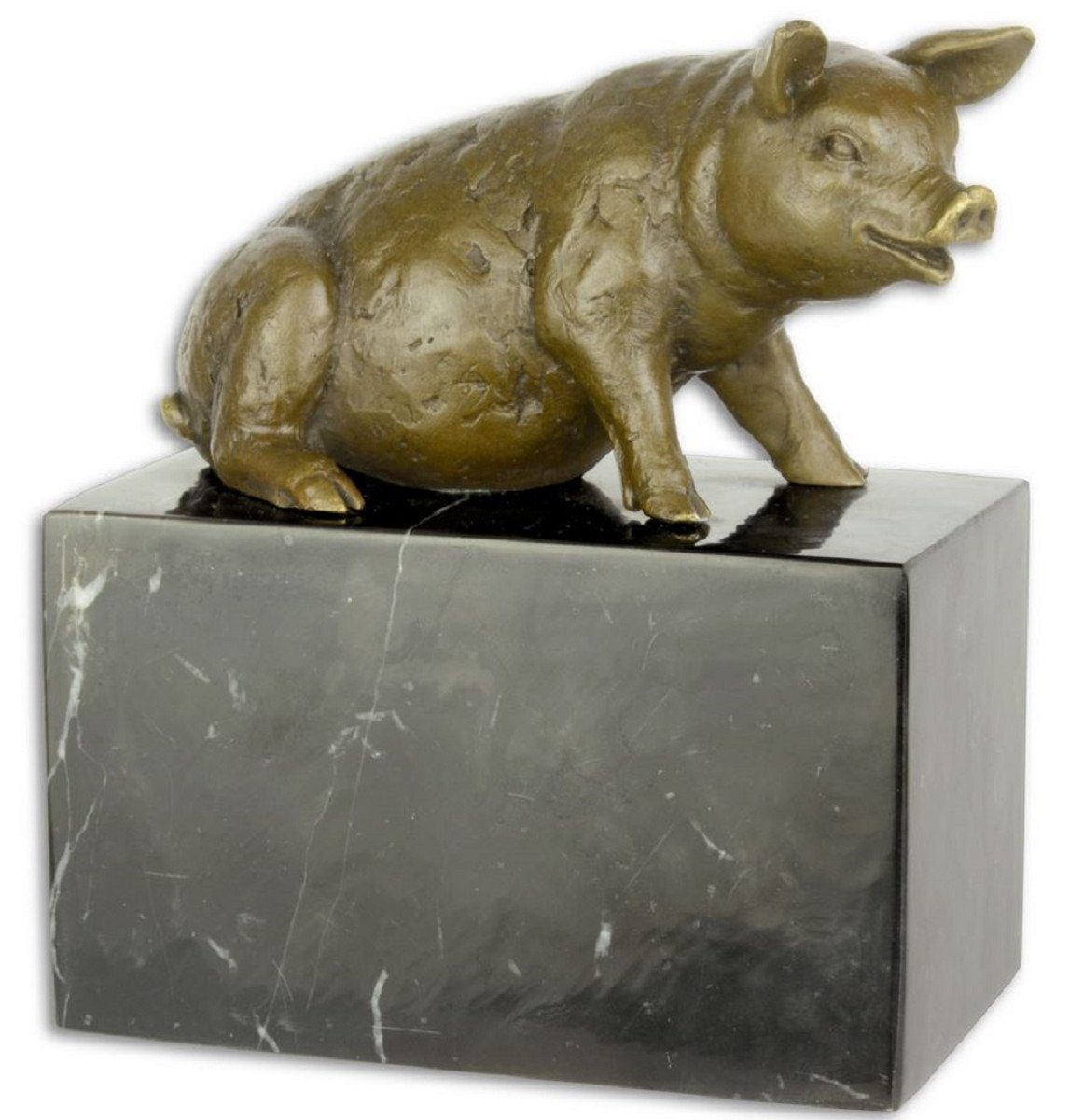 Casa Padrino Dekofigur Luxus Bronzefigur sitzendes Schwein Bronze / Schwarz 8 x 14 x H. 15,6 cm - Dekofigur mit Marmorsockel