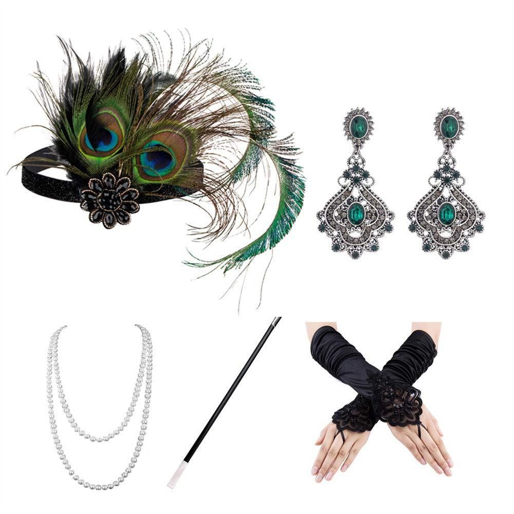 Dekorative Schmuckset 1920er damen accessoires set, 20er Vintage Kostüm Set Party (5-tlg), 1920er Accessoires für Party Weihnachtstag Karneval