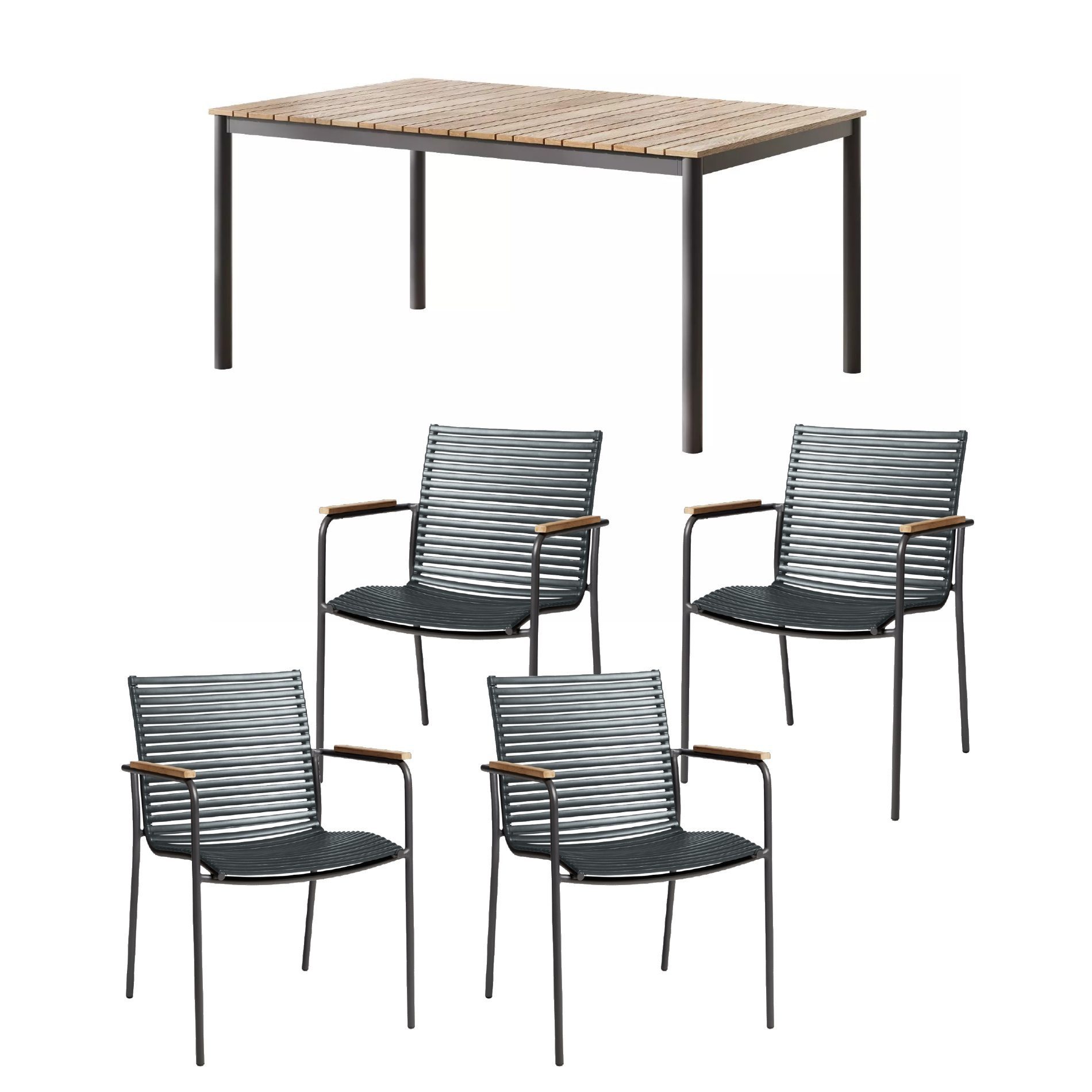 Cinas Garten-Essgruppe Mood Classic Gartenmöbel-Set, stapelbare Stühle, Tischplatte Teakholz, (5-tlg., Outdoor-Set), für 4 Personen, formstabile Kunststoff-Lamellen
