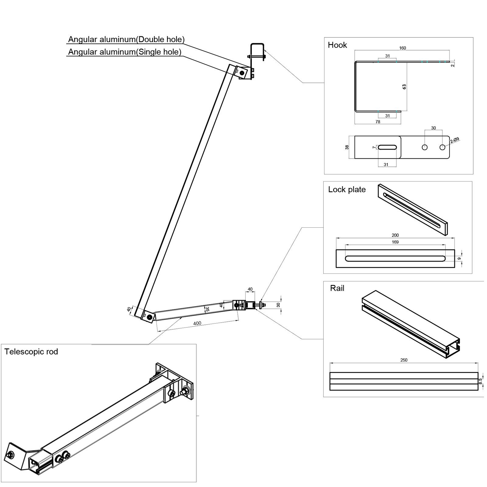 Rhein Beleuchtung Balkonkraftwerk Montageset für 2 Solarmodule – Halterung Balkonkraftwerk, wetterfest, 0 W, Edelstahl (Haken), Aluminium (Ständer & Schienen), (Set, 2-St., Solarpanel Halterung aus Alu & Edelstahl – für Balkon & Carport), 15–30° verstellbar, Balkonhalterung für Solarpanel & Flachdach