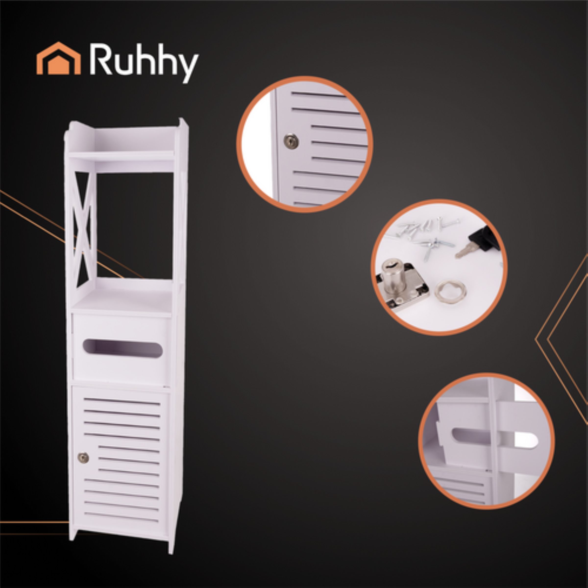 Ruhhy Badkommode Freistehender Badezimmerschrank mit Toilettenpapierhalter (Freistehender Badezimmerschrank mit Toilettenpapierhalter und Schloss, 1x Badezimmer – Bild 4 von 5