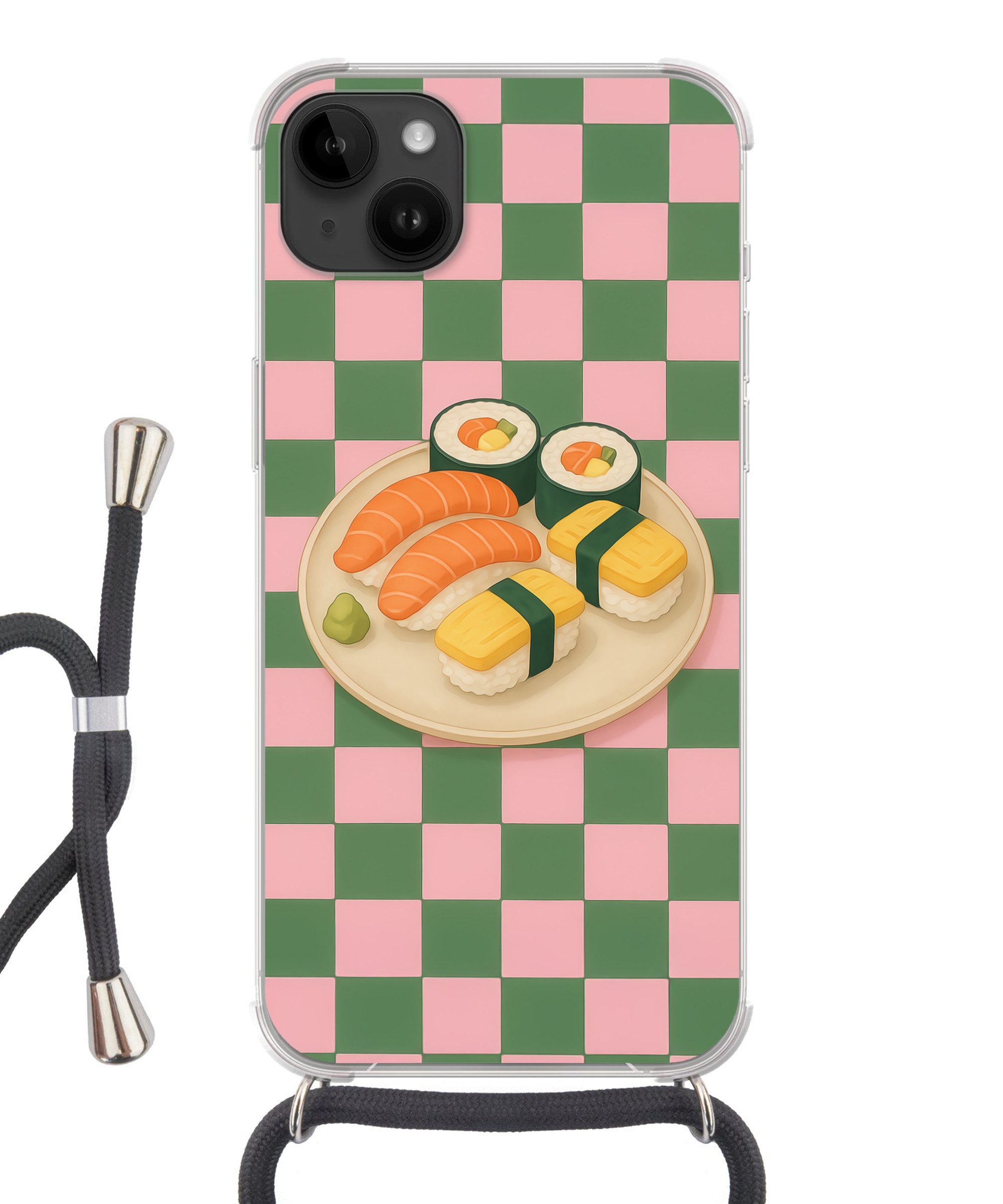 MuchoWow Handyhülle für Apple iPhone 14 Max Sushi - Teller - Blockiert - Grün, Tragbare Handyhüllen mit Kette zum umhängen, Handykette Handyband