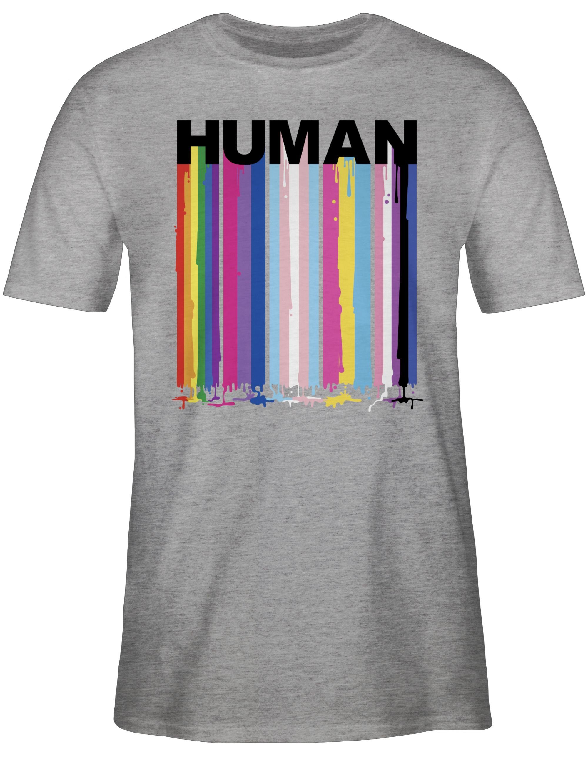 T-Shirt Grau HUMAN Regenbogen Farben meliert LGBT Kleidung Blockschrift Shirtracer Tropfen 3