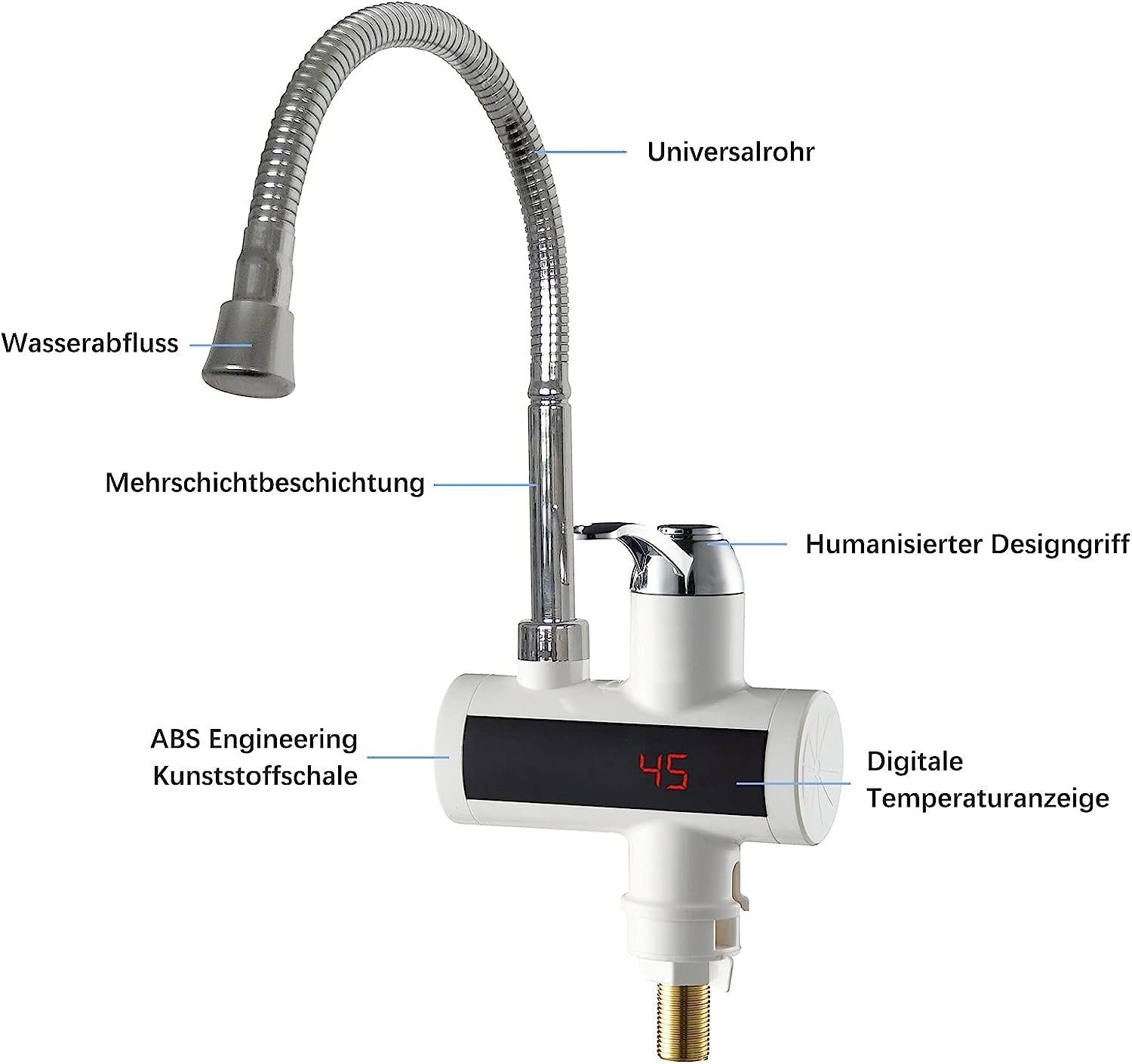 Temperaturanzeige Daskoo ℃,IPX4 Elektrisch max 60,00 50-60 °C, schwenkbar Temperaturanzeige Durchlauferhitzer einstellbar Küchenarmatur Wasserhähnen,