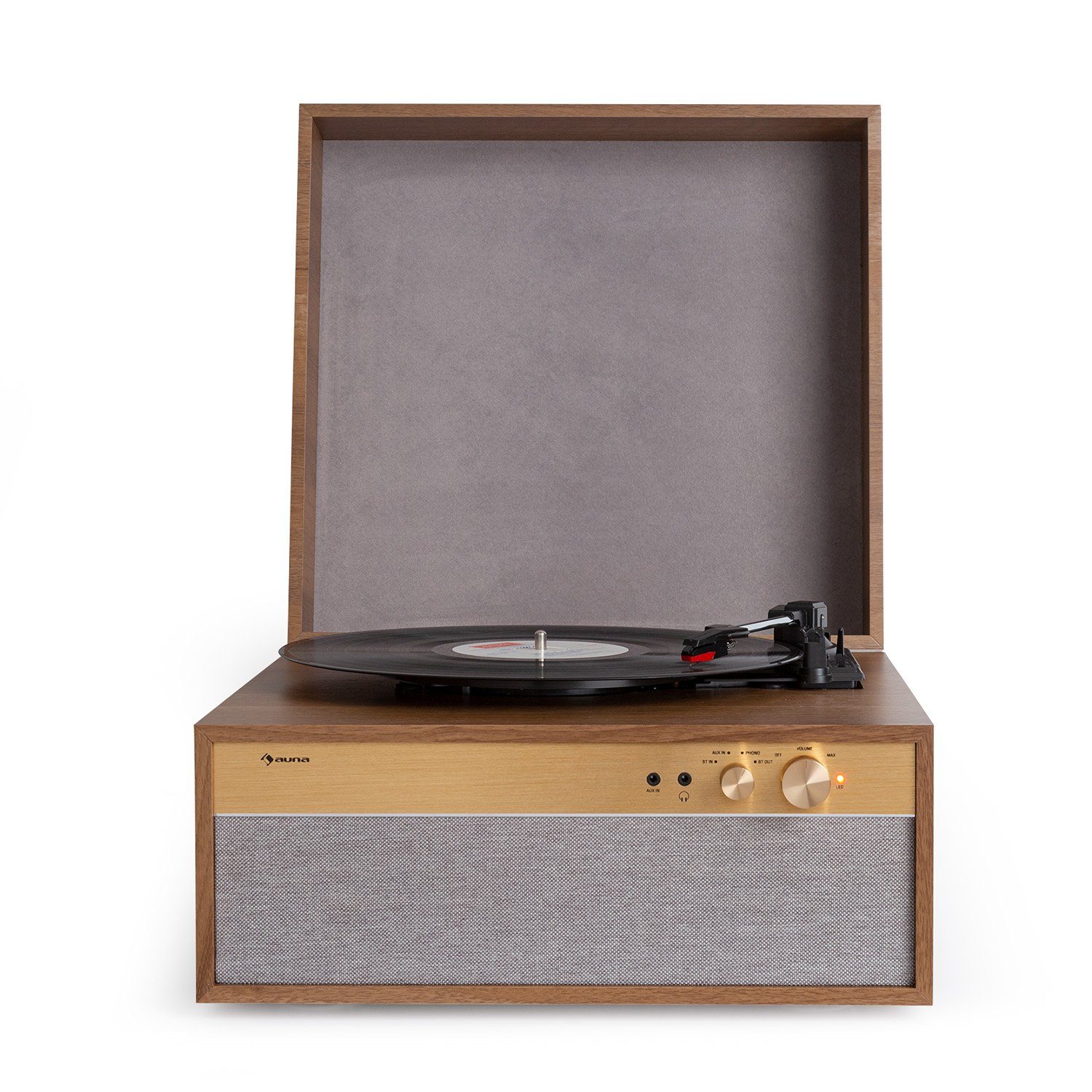 Auna Berklee TT Case Plattenspieler (Riemenantrieb, Bluetooth, Bluetooth lautsprecher Kopfhöreranschluss AUX IN Holz)