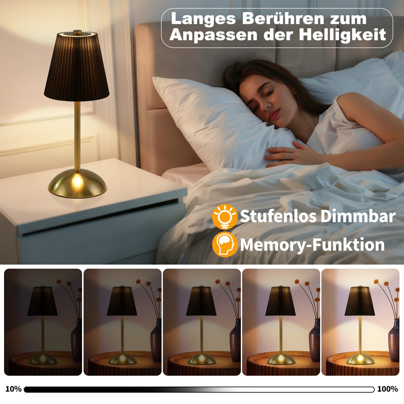 Nettlife LED Tischleuchte Nachttischleuchte 2er Stoff Schwarz/Grün/Weiß/Orange/Graublau, 3 Lichtfarben, Schlafzimmer Wohnzimmer Arbeitszimmer Büros Eingangsbere – Bild 5 von 5