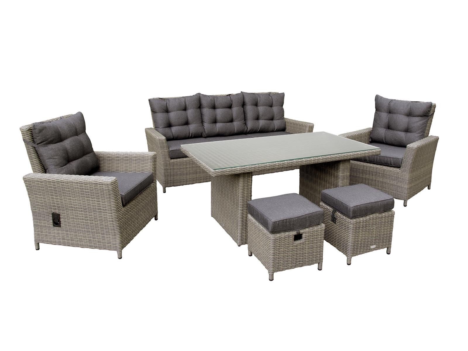 Green Spirit Loungeset Asti Dininglounge-Set 7 Personen Polyrattan braun-meliert, (Set, 19-tlg., 1x Sofa, 2x Sessel, 2x Hocker, 1x Tisch), Polyrattan, braun, 7 Personen, wetterfest, Garten, Terrasse, Outdoor