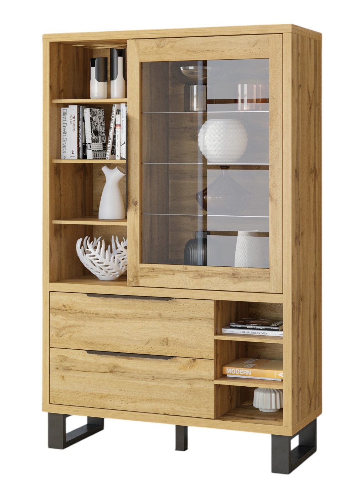 Compleo Glasvitrine Geräumig 120 cm brei MANIA, modern Vitrine, Metallfüße Vitrine mit 2 Schubladen