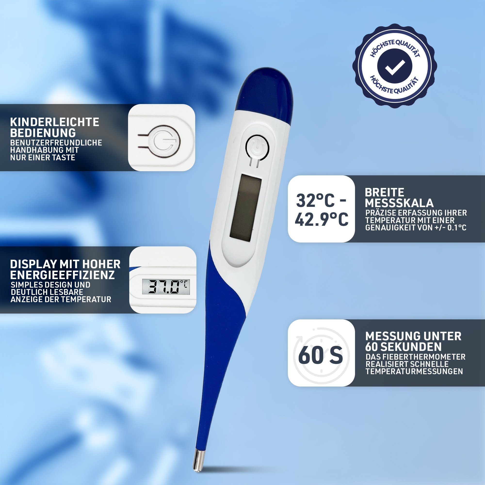 IEA Medical Fieberthermometer Fieberthermometer mit flexible Spitze, Thermometer Baby, Fiebermesser, Komplettset, Set, für Kinder & Erwachsene, Fieberalarm, Reise Gadget, Thermometer Fieber
