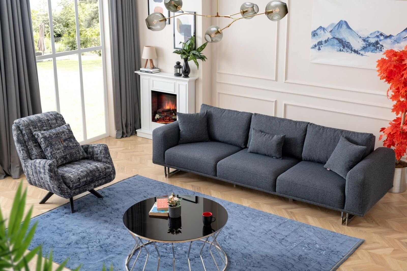 JVmoebel Wohnzimmer-Set Sofagarnitur 4+1 Sitzer Luxus Garnitur Set Sofas Sessel Stoff Polster, (2-St., 1x 4-Sitzer + 1x Sessel ohne Couchtisch), Made in Europa