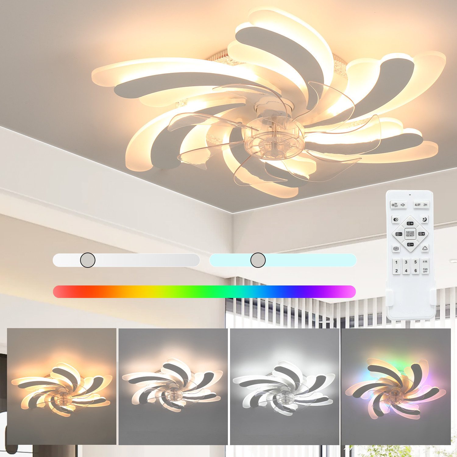 oyajia Deckenventilator 70W/97W Deckenleuchte mit RGB Hintergrundlicht, Leise Deckenventilator, 6 Geschwindigkeiten Ventilator, Deckenlampe mit RGB Farbwechsel Lampe