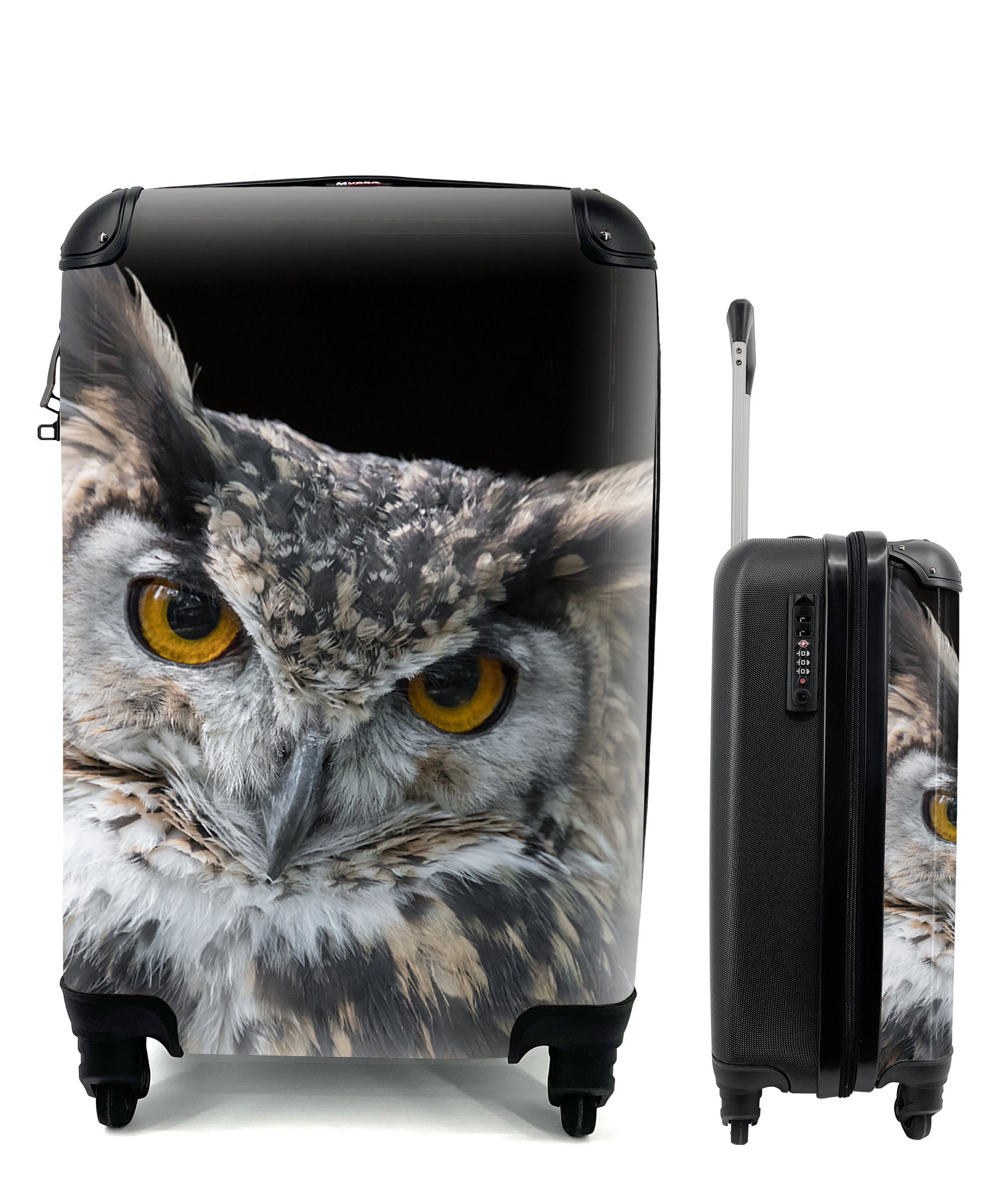 MuchoWow Handgepäckkoffer Porträt einer Trolley, auf Ferien, Rollen, Reisekoffer für Reisetasche schwarzem Hintergrund, braunen 4 Eule Handgepäck rollen, mit