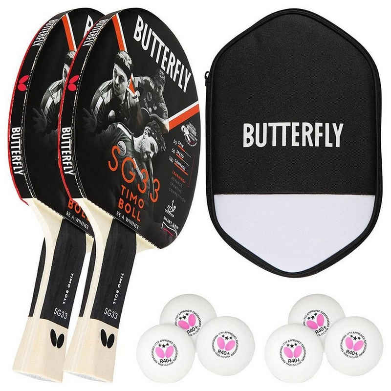Butterfly Tischtennisschläger 2x Timo Boll SG33 + Cell Case 2 + Bälle, Tischtennis Schläger Set Tischtennisset Table Tennis Bat Racket