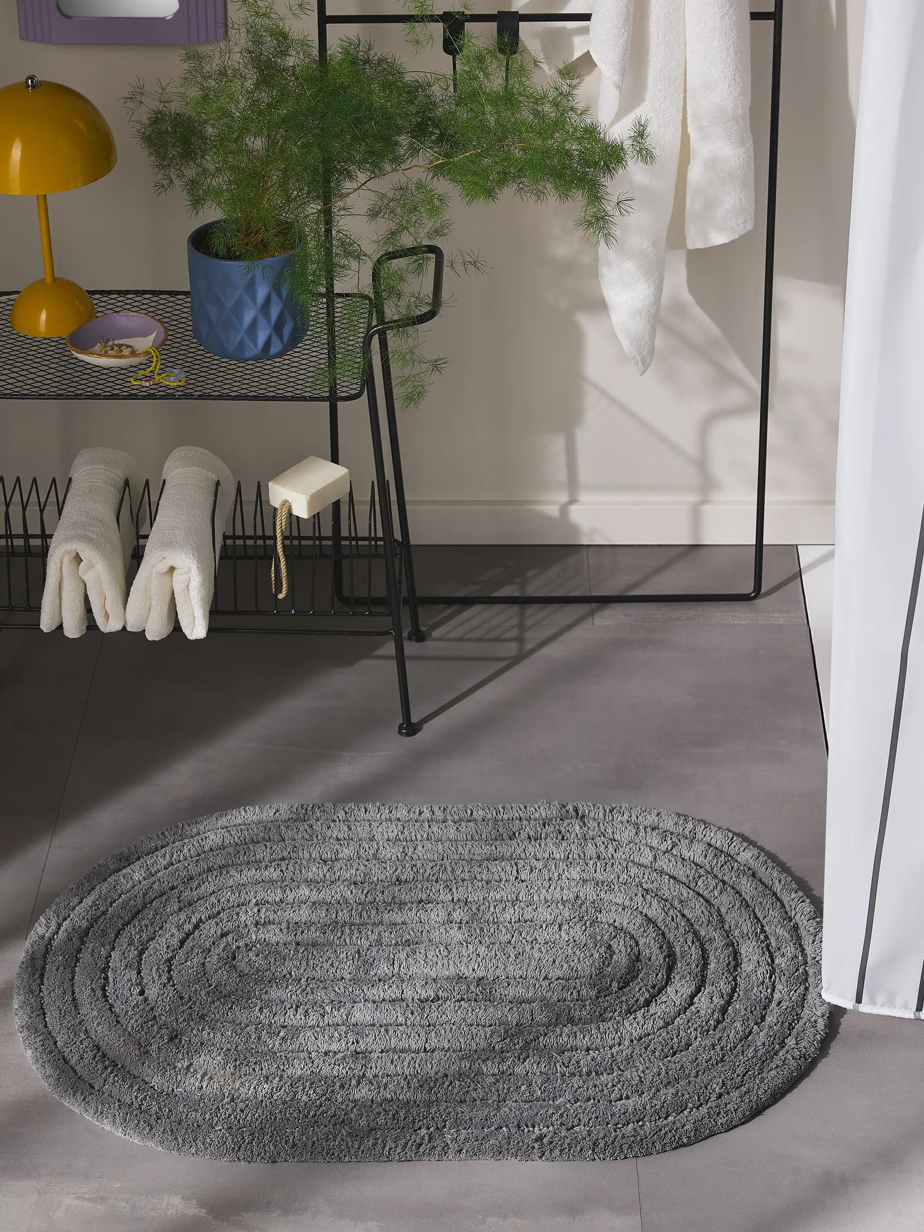 benuta Badematte Nia, Höhe 11 mm, Baumwolle, oval, 100% Baumwolle, handgeknüpft, Geometrisch, Contemporary, Badezimmer