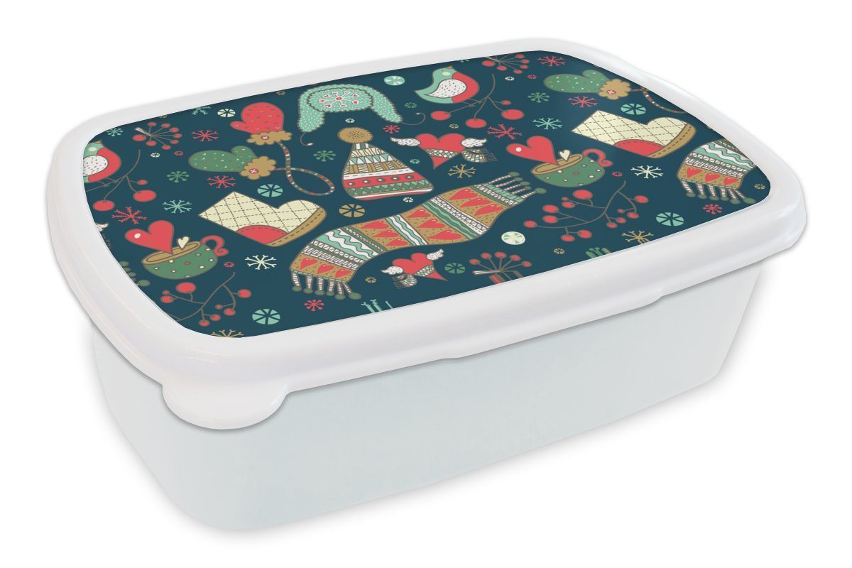 MuchoWow Lunchbox Winter - Design - Tee - Handschuhe - Mütze, Kunststoff, (2-tlg), Brotbox für Kinder und Erwachsene, Brotdose, für Jungs und Mädchen weiß