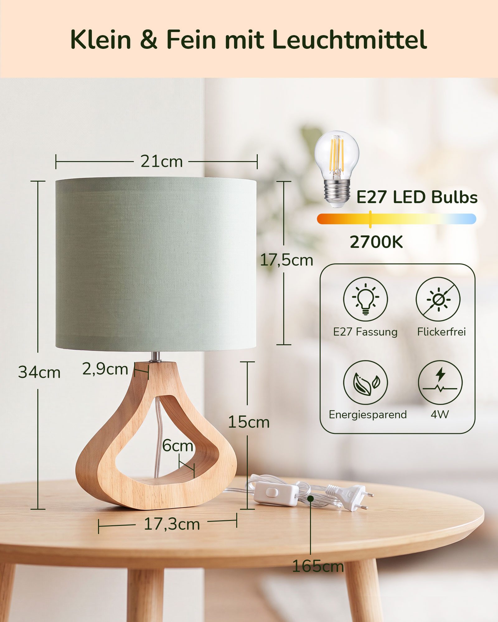 EDISHINE Nachttischlampe Höch 34cm Holz, Holzdeko, LED wechselbar, warmweiß, Lampe mit Ein-/Ausschalter, E27 Fassung mit 2700K LED-Glühbirne – Bild 5 von 5