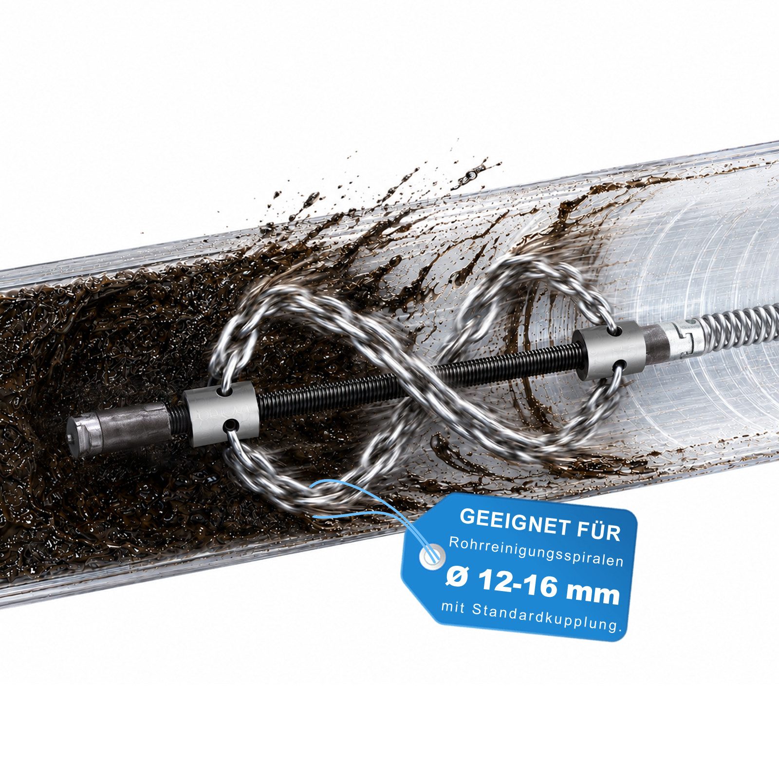 XERSEK Rohrreinigungsspirale 12–16 mm Kettenschleuderkopf Rohrreinigungsaufsatz, Rohr Ø50–200 mm, (Rohrreinigungswerkzeug, Doppelketten-Schneidkopf-Reiniger), Kompatible Rohrreinigungsspiralen mit 12–16 mm Anschluss