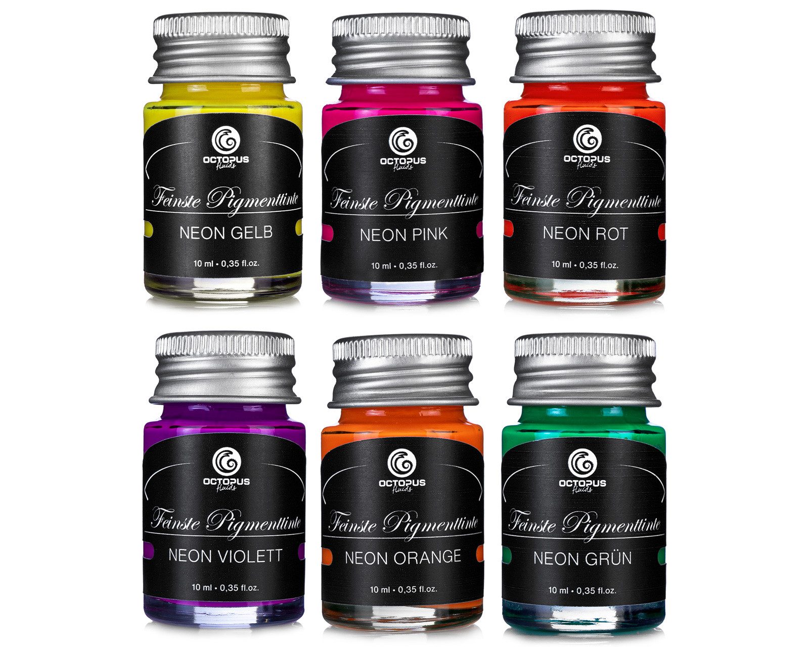 OCTOPUS Fluids Textmarkertinte für Füller, fluoreszierende Neontinte, 6 x 10ml Tintenglas (Set, 1-tlg)