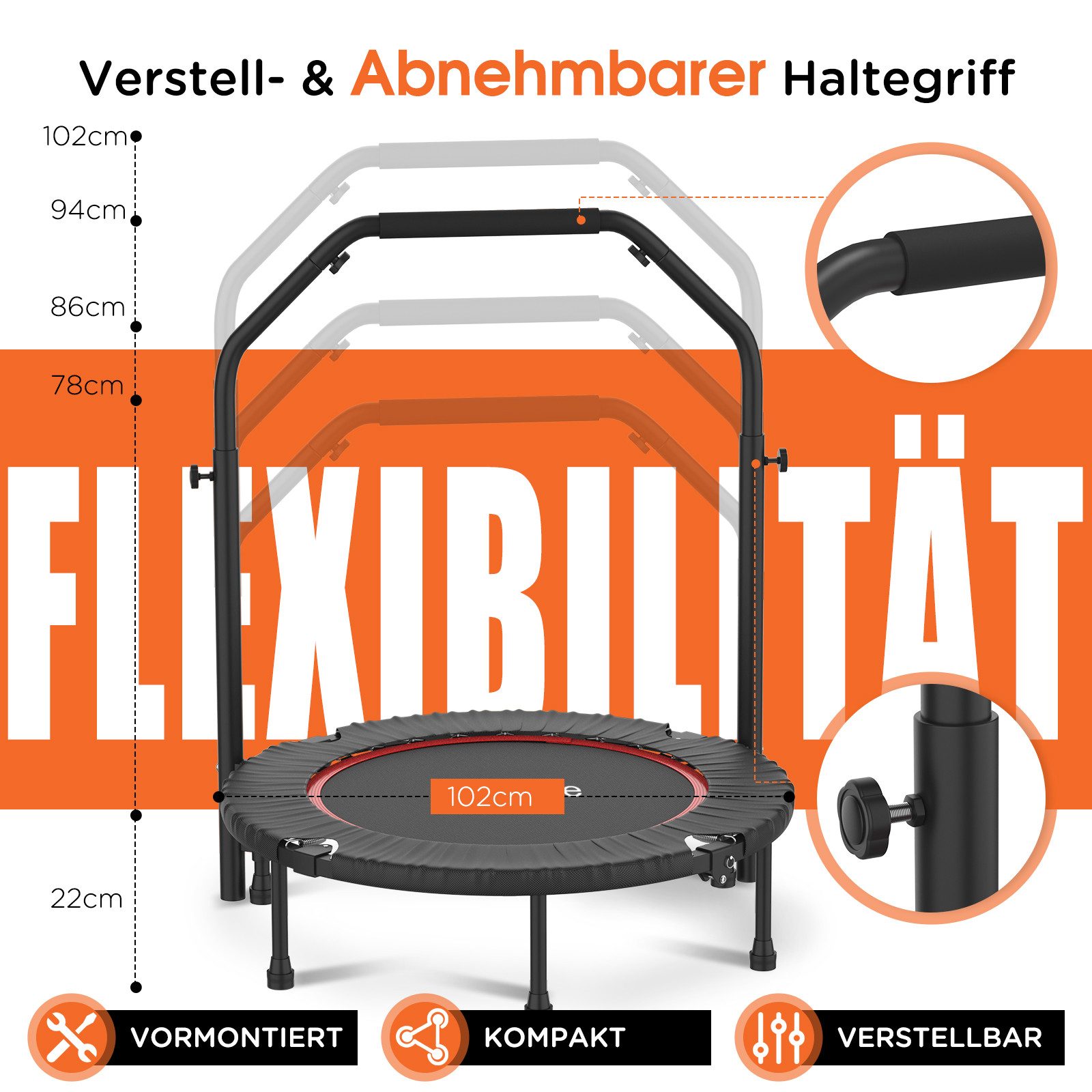 DH FitLife Fitnesstrampolin Indoor Trampolin klappbar ohne Installation Ø102cm 40 Zoll, Ø 102 cm, (Tragfähigkeit 150 KG, 4 verstellbare Handgriffstufen), Tragfähigkeit 150 kg, stabil und leise für Erwachsene