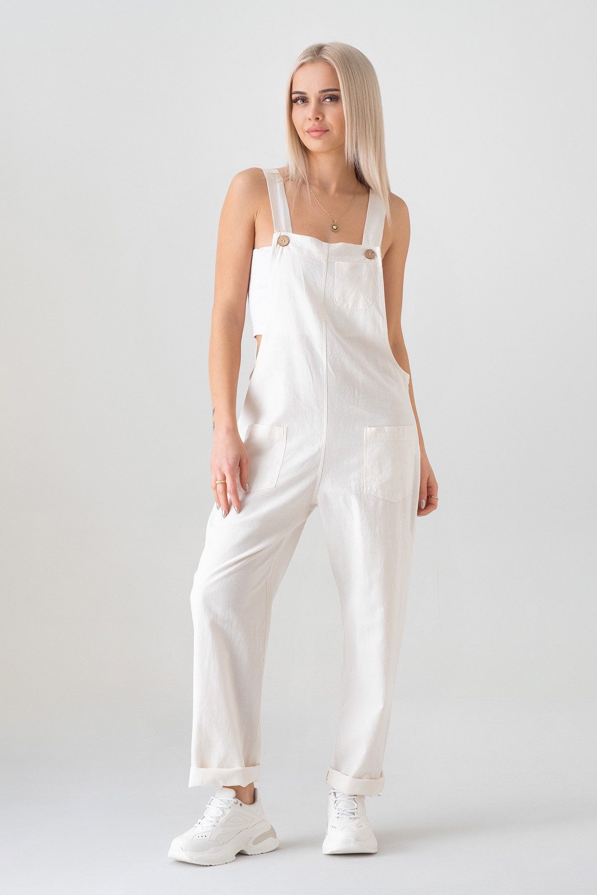 WENOR Latzhose Leinen Jumpsuit mit Taschen, verstellbar, Overall Look, Gr. 34–46 Naturfaser, Träger mit 3-fach Knopfverstellung