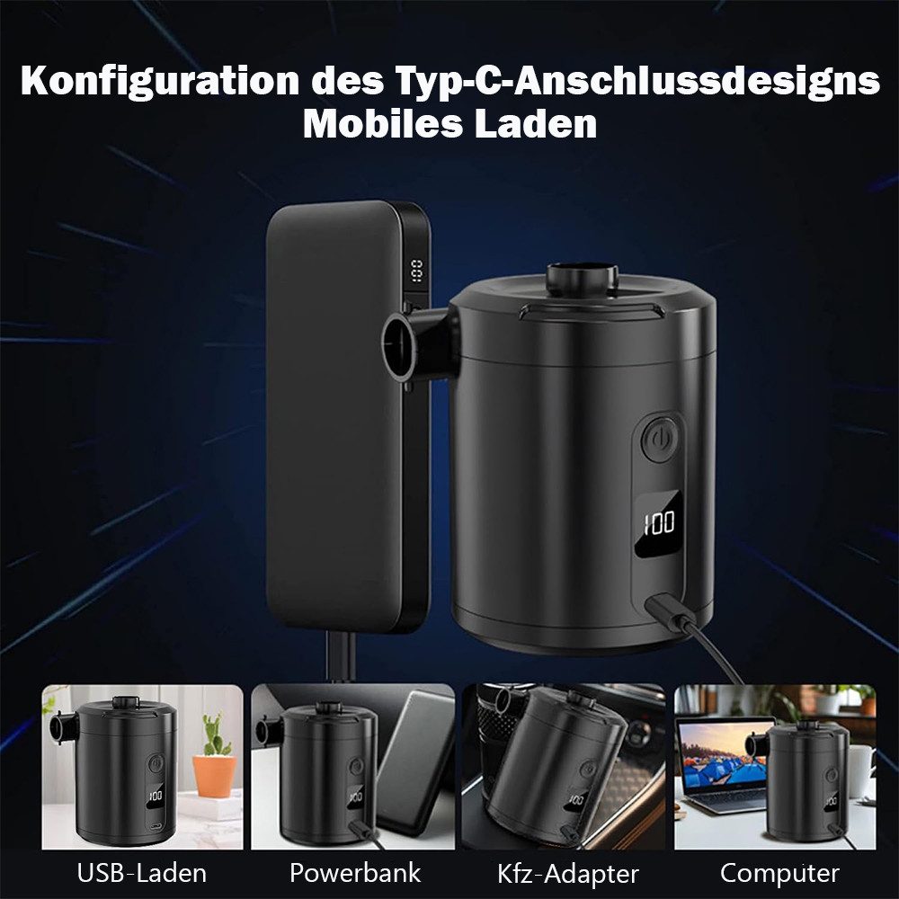 AFKSMILE Akku-Luftpumpe Elektrische Luftpumpe, Mini Luftpumpe Akku mit digitaler Anzeige, Aufblasen & Entleeren, 4 Luftdüsen für Camping, Luftbett, Schwimmringe