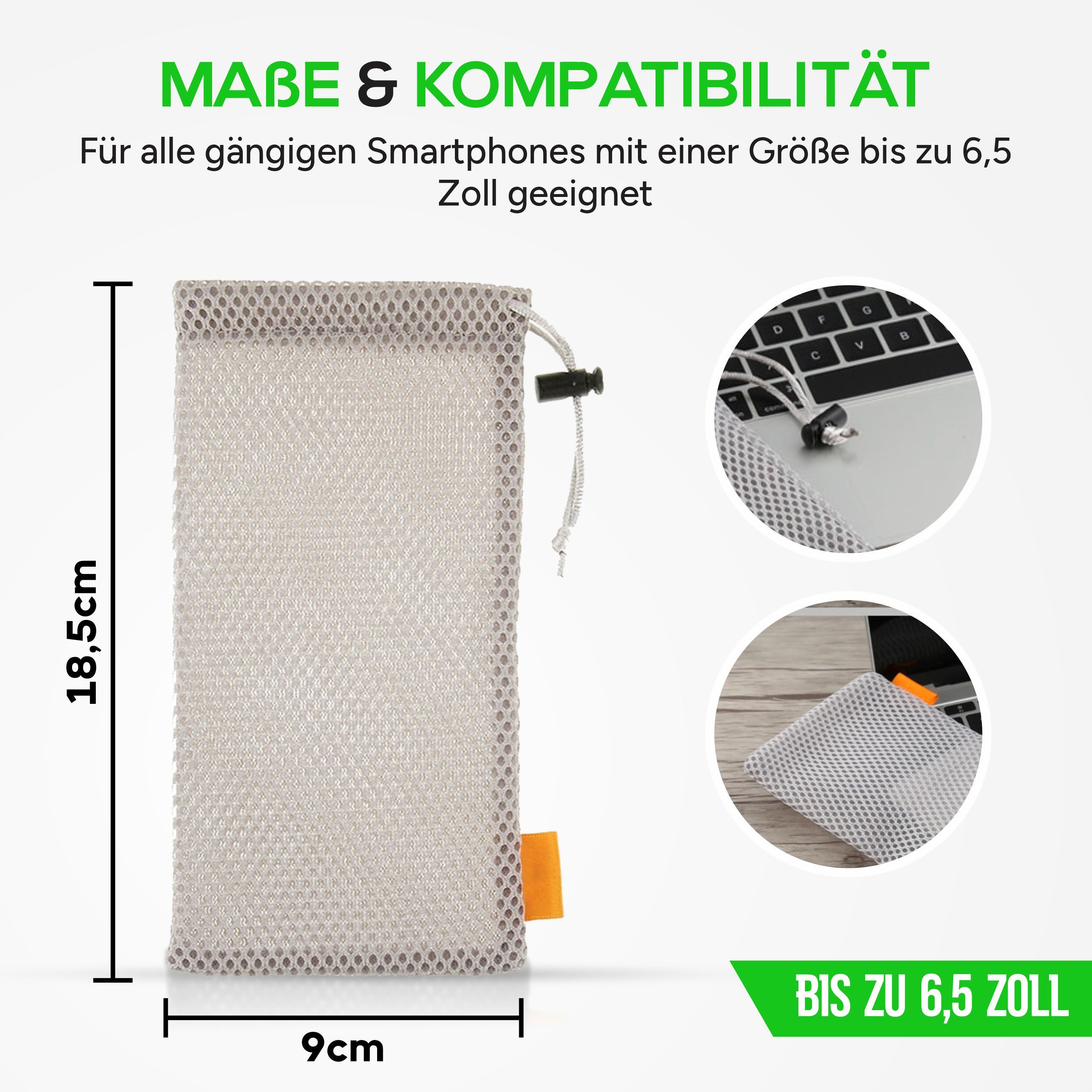 wortek Handyhülle Universal Handytasche Nylon Mesh Tasche Handysocke bis 6,5 Zoll, Netzbeutel mit Kordelzug für Handy, Powerbank, Kopfhörer uvm. – Bild 5 von 5