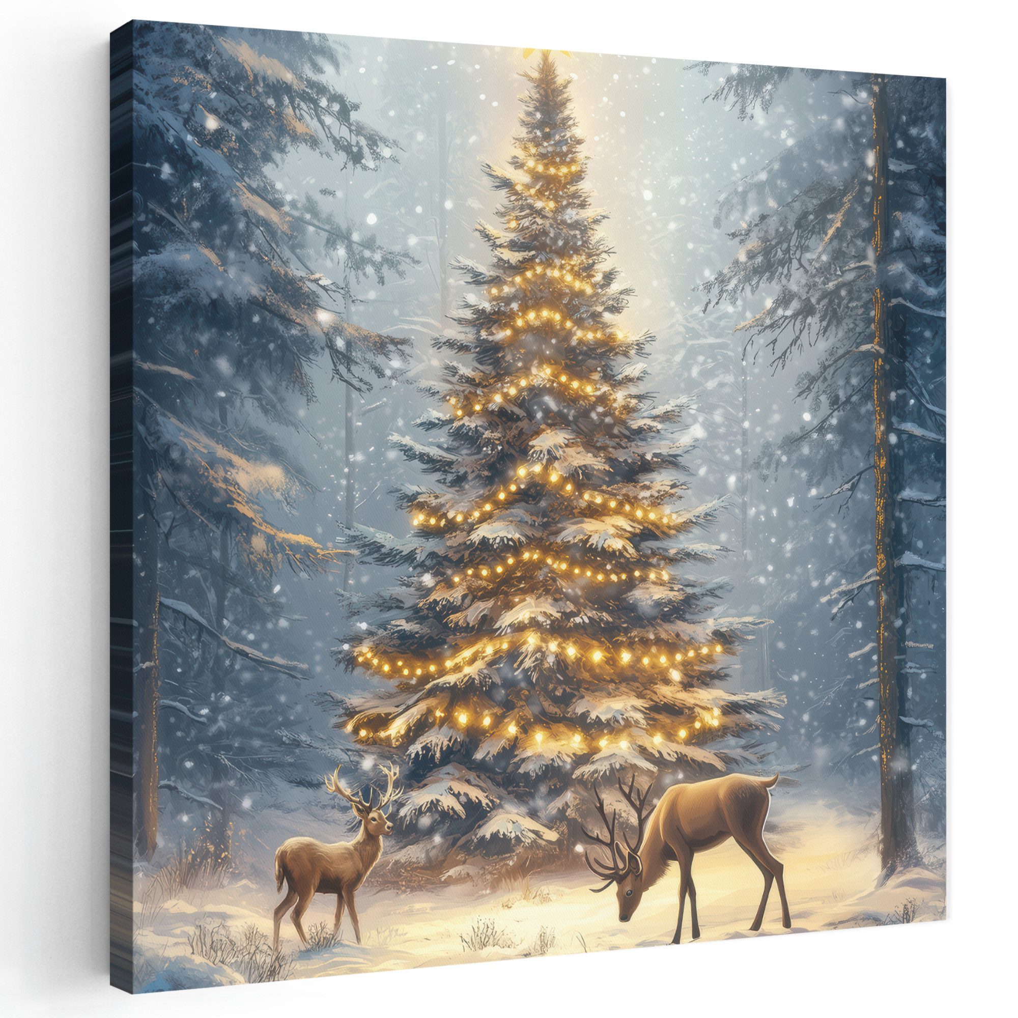 OneMillionCanvasses® Leinwandbild Weihnachtsbeleuchtung - Wald - Hirsche - Dunkelheit, Fotodruck (1 St), Wandbild, Deko Schlafzimmer Wohnzimmer Flur 20x20 cm
