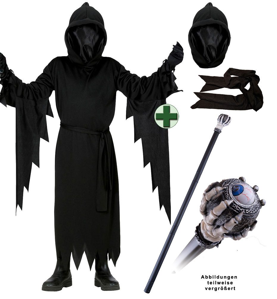 Karneval-Klamotten Zauberer-Kostüm Kinder Unisex Halloweenkostüm Magier Hexenmeister, Halloween Zauberer-Kapuzenumhang schwarz mit unsichtbarer Maske u Stab