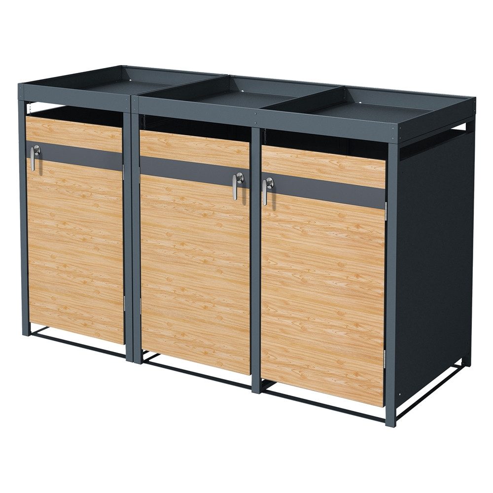 ML-DESIGN Mülltonnenbox Müllbox aus Stahl wetterfeste Mülltonnen Verkleidung Mülltonnengarage, für 3 Tonne 240L 200x80x124cm Anthrazit, Lärchenoptik mit Pflanzdach