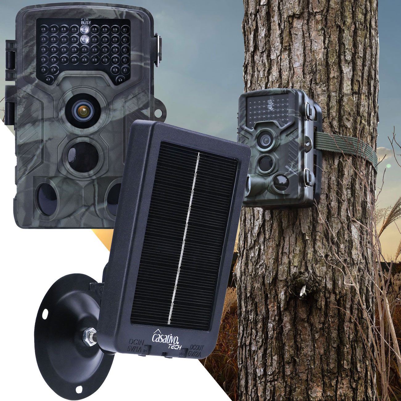 Casativo Wildkamera Full-HD-Wildkamera 24 MP & Solarpanel Set 3 Sensoren & IR-Nachtsicht (24MP, 120° PIR, 24m IR-Nachtsicht, IP65 & 12W Solar)