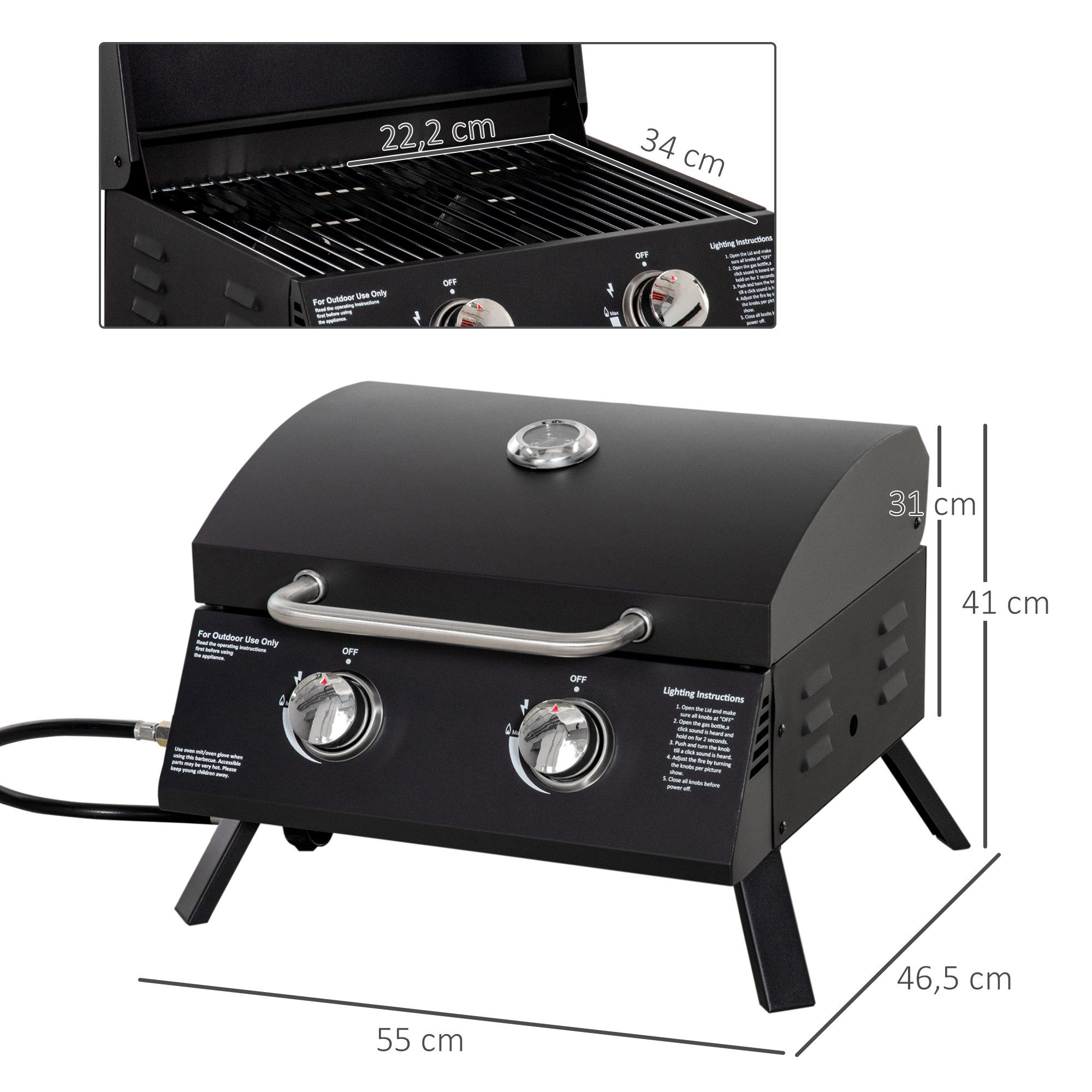 Novzep Tischgrill Tischgrill Gasgrill BBQ mit 2 Brennern mobiler Grillwagen Grillnetz, Outdoor Tischgasgrill Picknick mit Druckminderer Schlauch