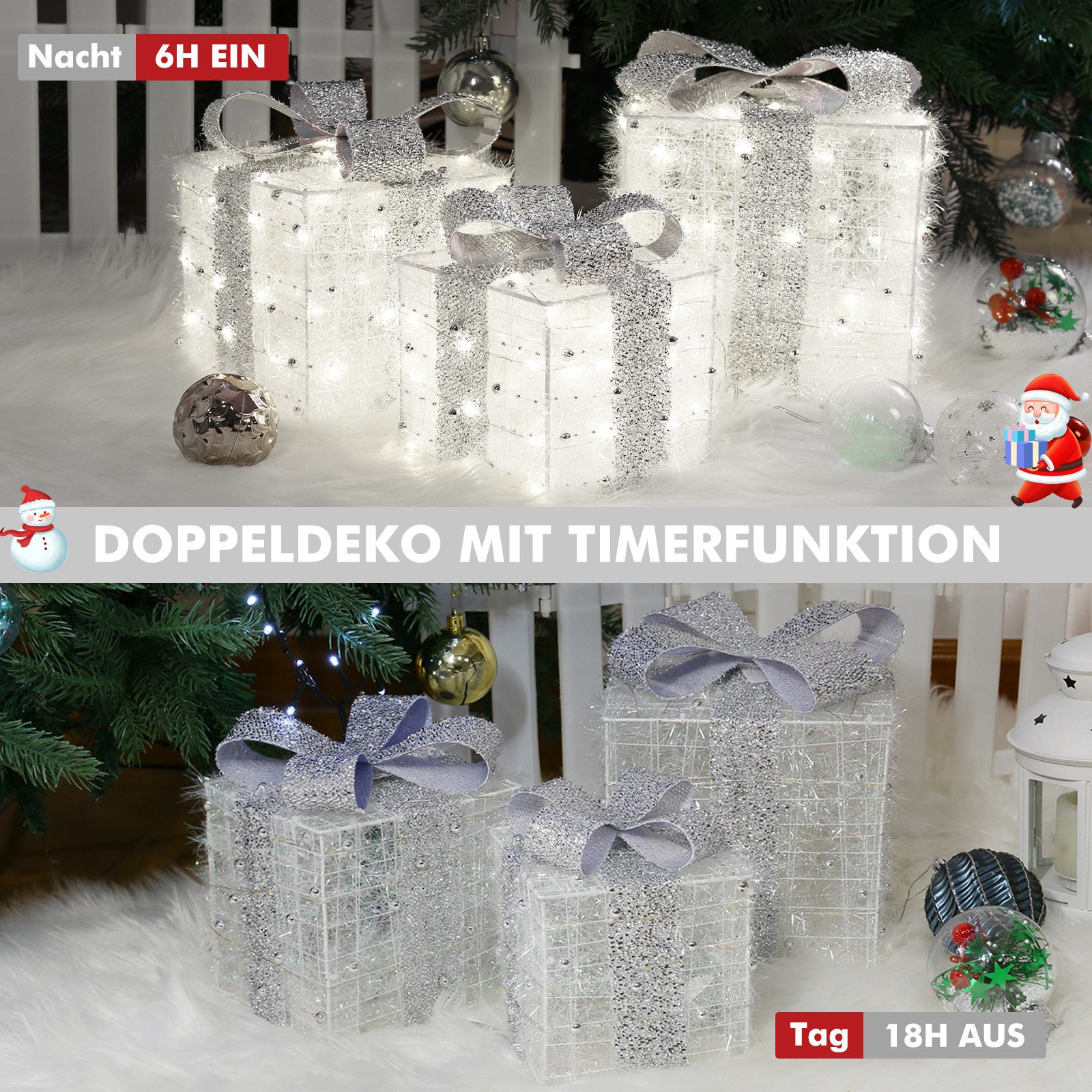Quntis Weihnachtsfigur 3er Set LED Geschenkbox Weihnachten, Weihnachtsdeko mit Stecker, Timer (3 St), 60 warmweiße LEDs, Weihnachtsbeleuchtung für Baum, Fenster – Bild 4 von 5