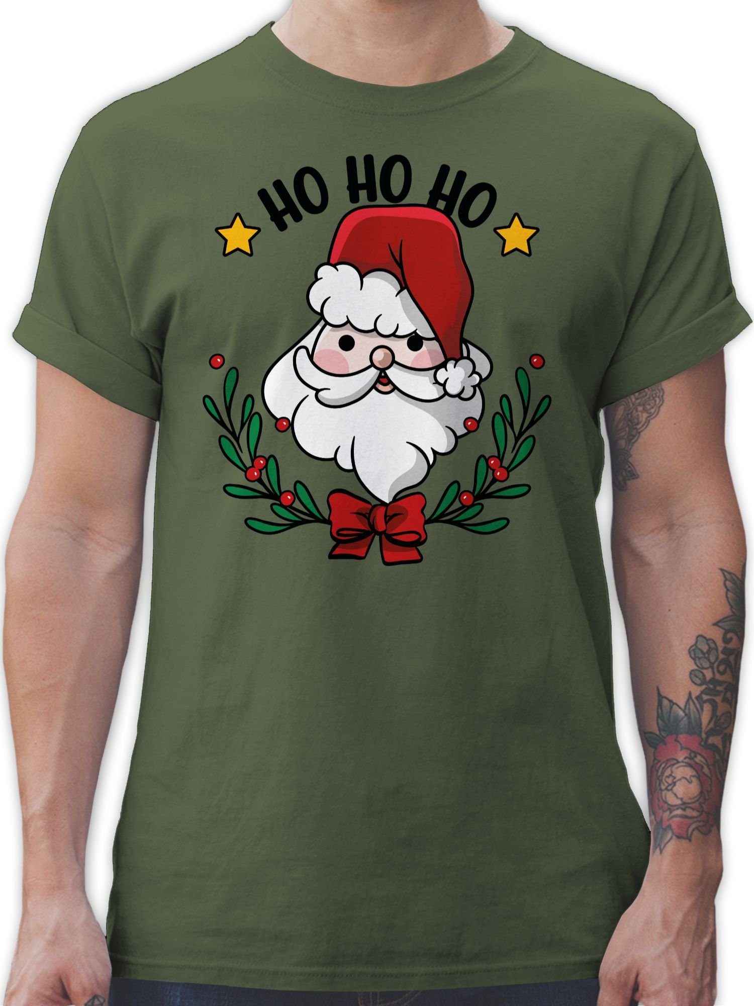 Shirtracer T-Shirt Ho Ho Ho mit Weihnachtsmann und Weihnachtsschmuck Weihachten Kleidung 02 Army Grün