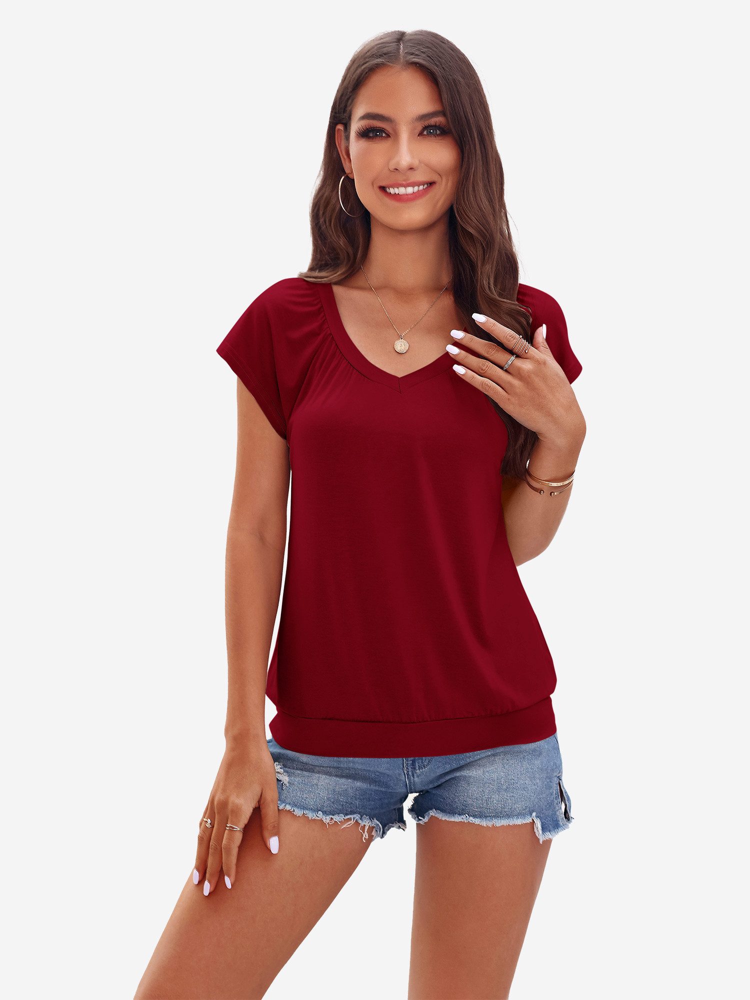 Imily Bela T-Shirt Damen Lässige Basic Tops mit Bündchen am Saum (Packung, 1-tlg., 1per-Pack) einfarbig