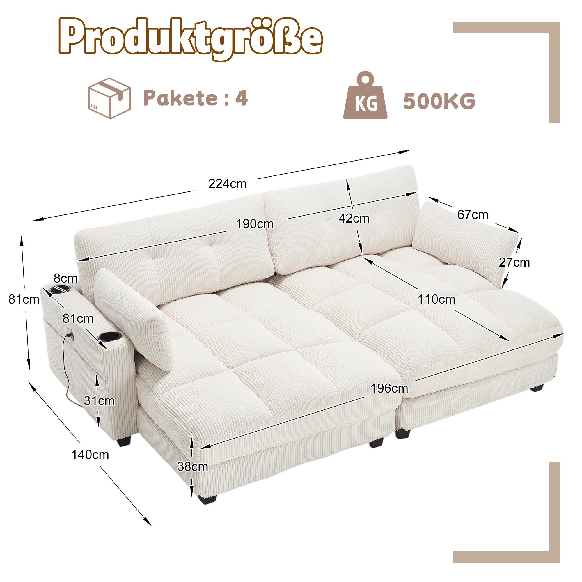 Celya Sofa 2-Sitzer, teilbar in 2 Einzelsitze, mit 2 Kissen, mit 4 Getränkehaltern, 4 Seitentaschen, USB-Ladeanschlüssen an den Armlehnen