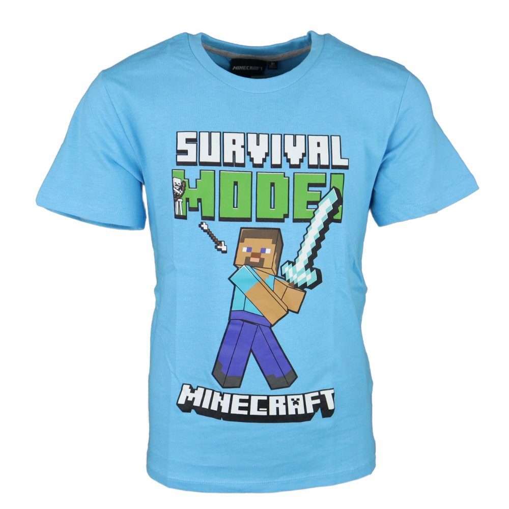 Minecraft T-Shirt Baumwolle, Shirt Survival Kinder in bis Steve 116 100% 152, Minecraft Mode Gr. Hellblau