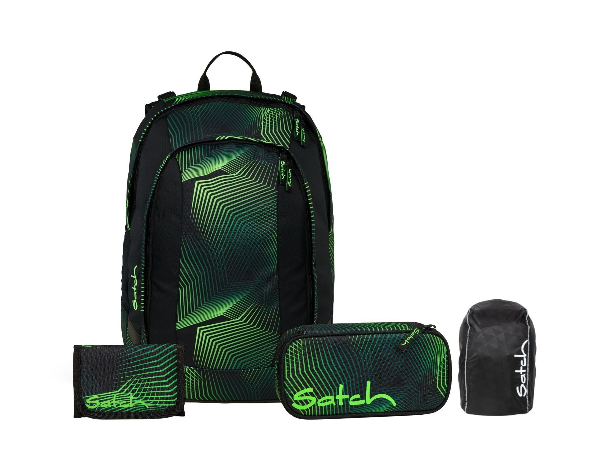 Satch Schulranzen Schulrucksack-Set AIR Seismic Green 4-teilig (4-teilig), Schulranzen, ergonomisch, Laptop-Fach, Your-Size-System