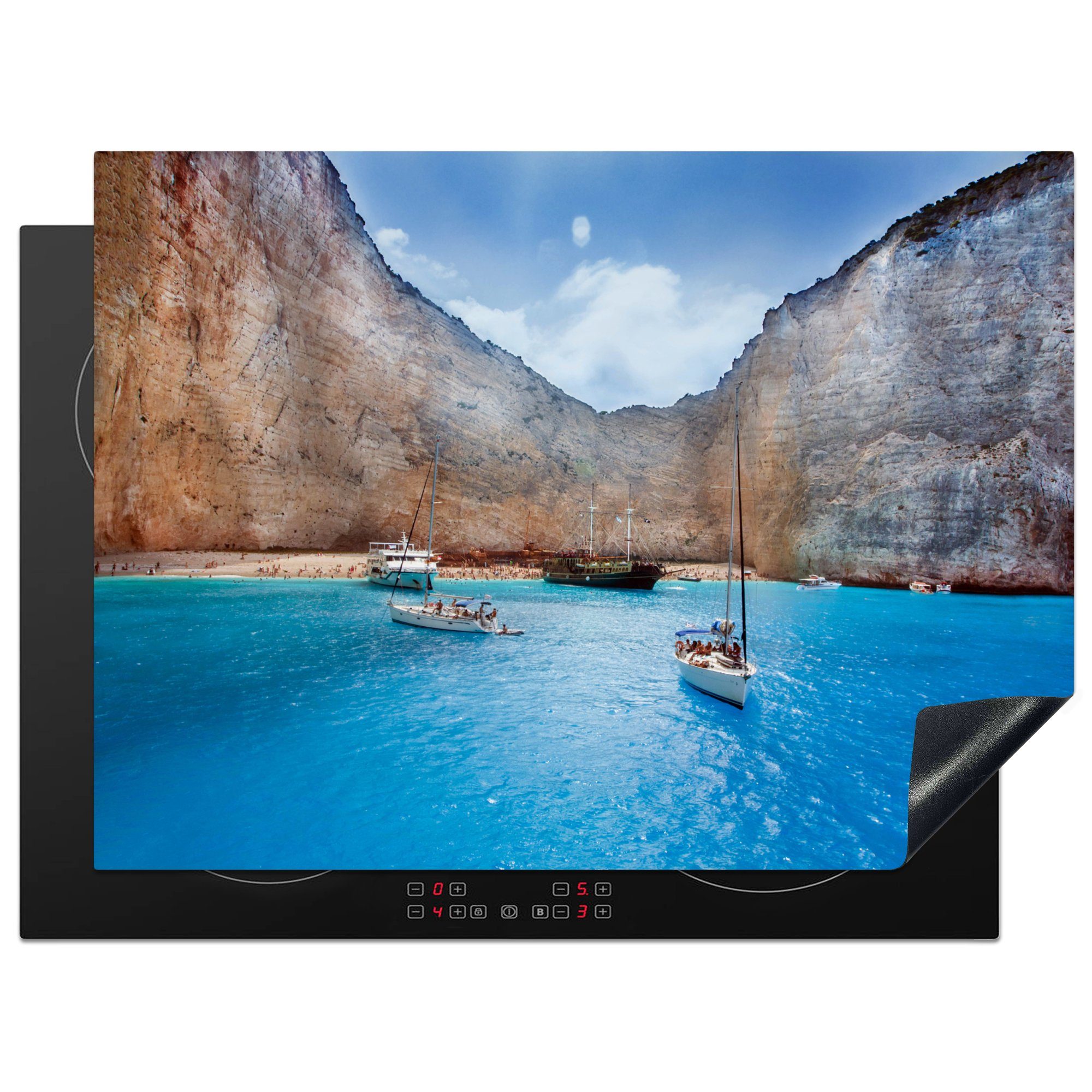 MuchoWow Herdblende-/Abdeckplatte Das strahlend blaue Meer am Strand von Navagio auf Zakynthos, Vinyl, (1 tlg), 71x52 cm, Induktionskochfeld Schutz für die küche, Ceranfeldabdeckung