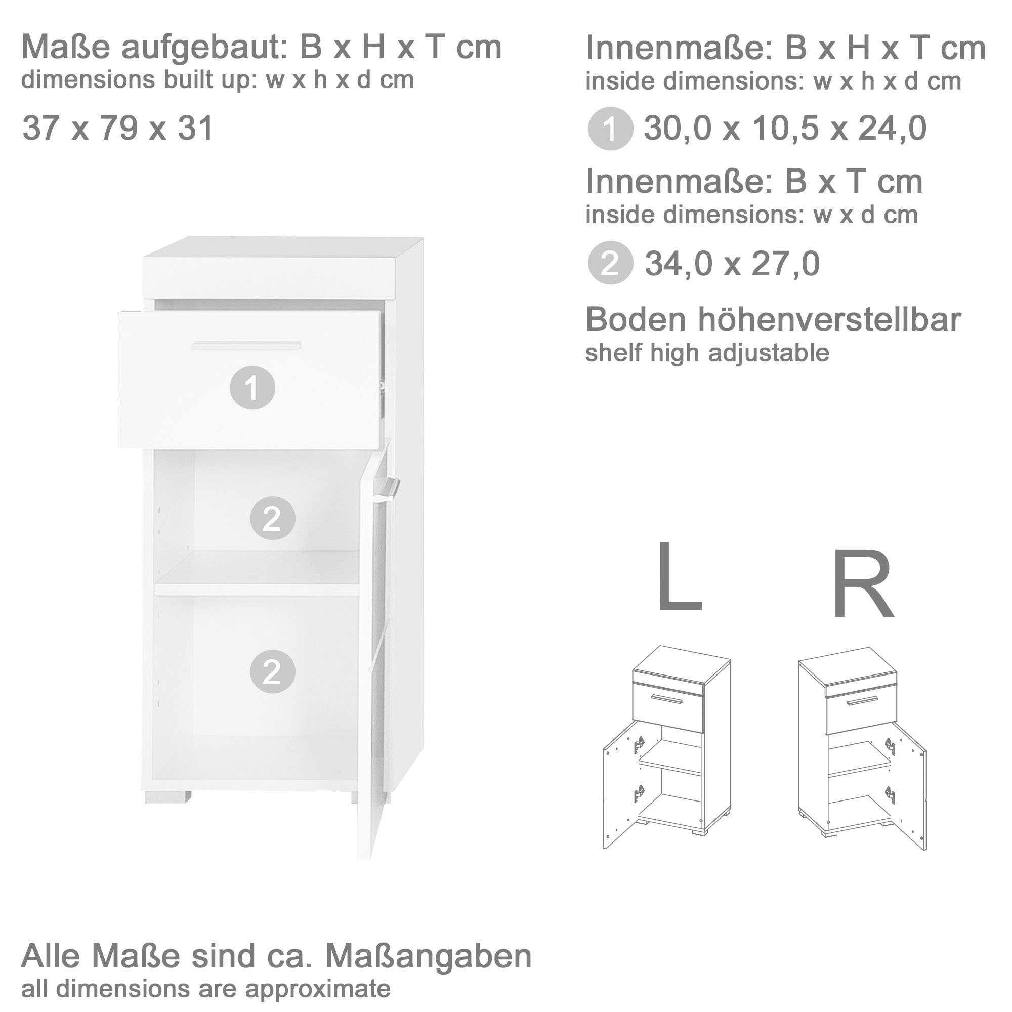 grau Badezimmerschrank INOSIGN mit und Tür 1 Unterschrank Avena 37 grau/grau matt 1 | Breite cm, Hochglanz Schubkasten