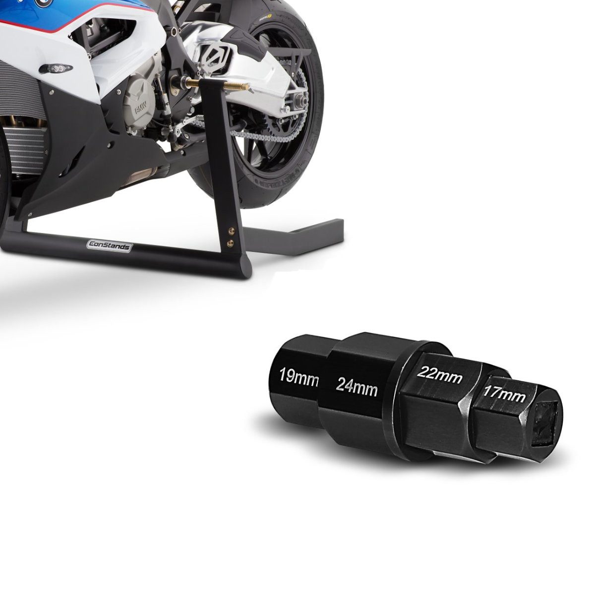 ConStands Motorradheber Set Zentralheber + Innensechskant Steckachsen S1