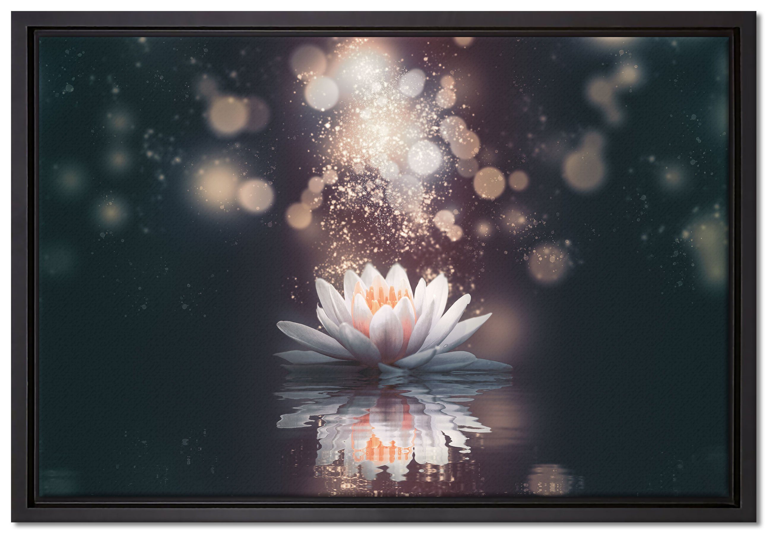 Pixxprint Leinwandbild Magische Lotusblüte mit Glitzerstaub, Wanddekoration (1 St), Leinwandbild fertig bespannt, in einem Schattenfugen-Bilderrahmen gefasst, inkl. Zackenaufhänger