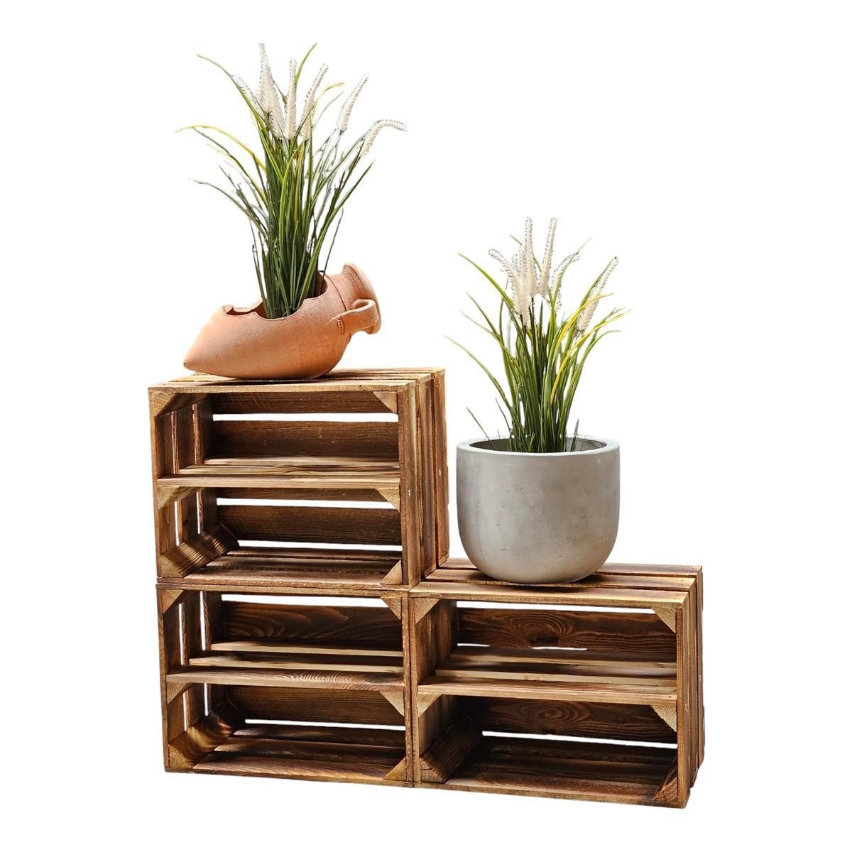 Teramico Holzkiste Obstkiste 40 x 30 x 25 cm 3er SET Geflammt Boden, Aufbewahrungsbox