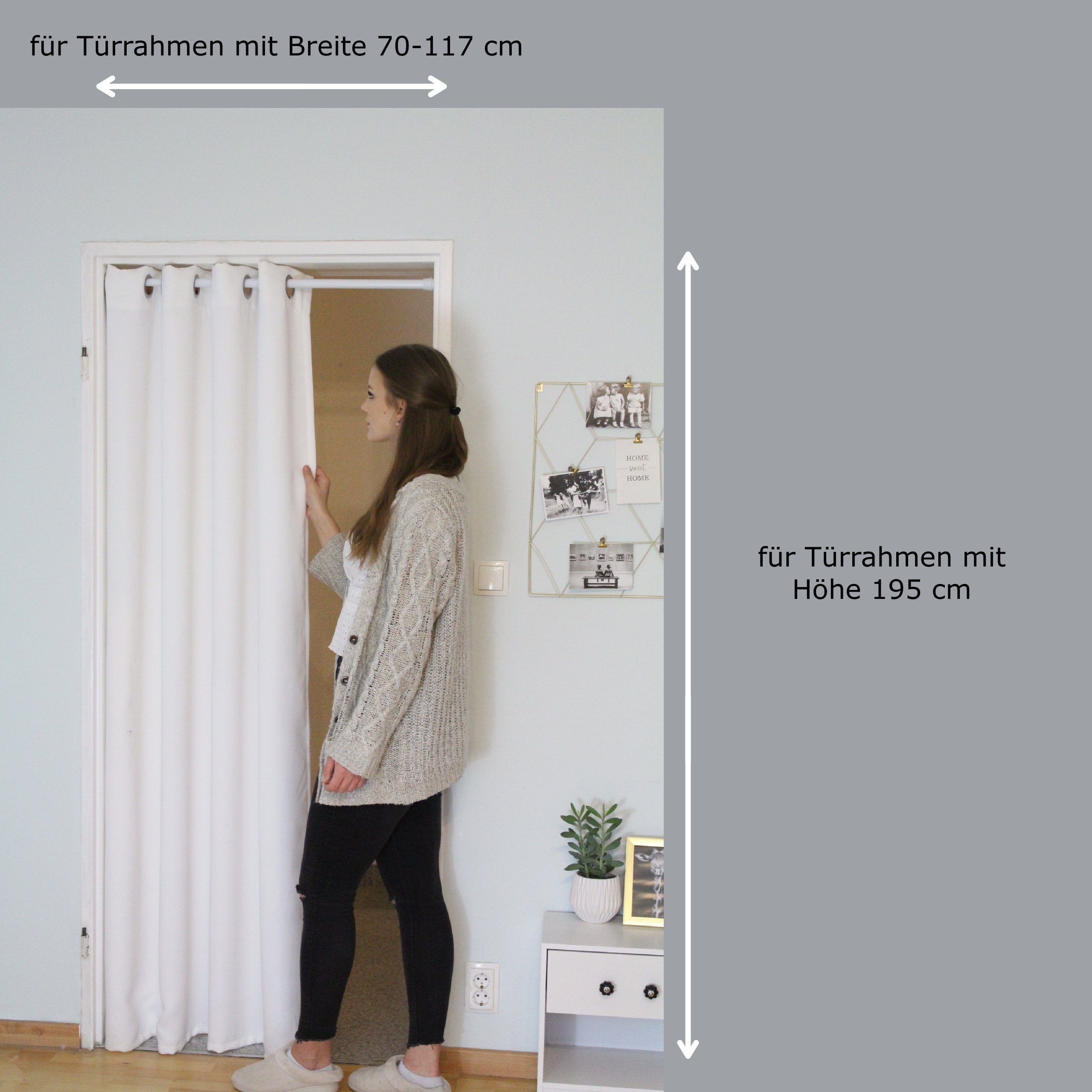 Türvorhang mit Stange silber 70-120 cm Thermo Vorhang ohne Bohren,  blickdicht, tinycurtains, Ösen, abdunkelnd, Polyester, weiß Purity,  Türgardine mit Klemmstange Raumtrenner verdunkelnd